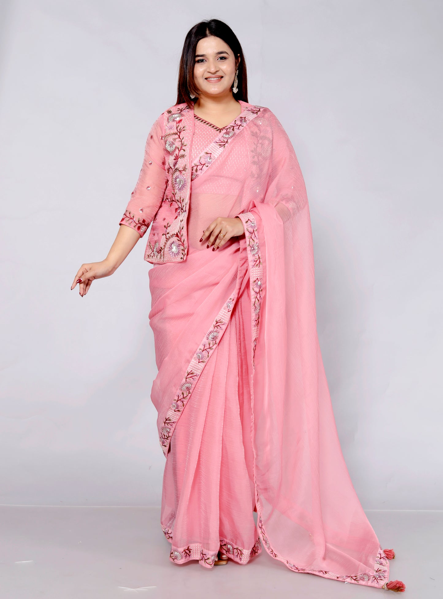 CHIFFON EMBROIDERY WORK JACKET STYLE PINK SAREE BY SKFBHOLUBHAI