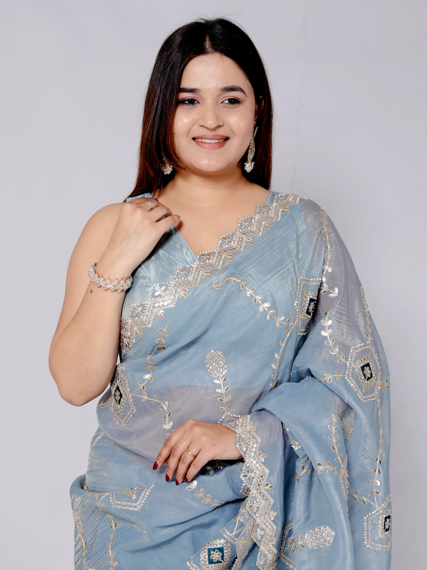 CRUSH TISSUE ZARI GOTTA EMBROIDERY JAAL ICE BLUE SAREE BY SKFBHOLUBHAI