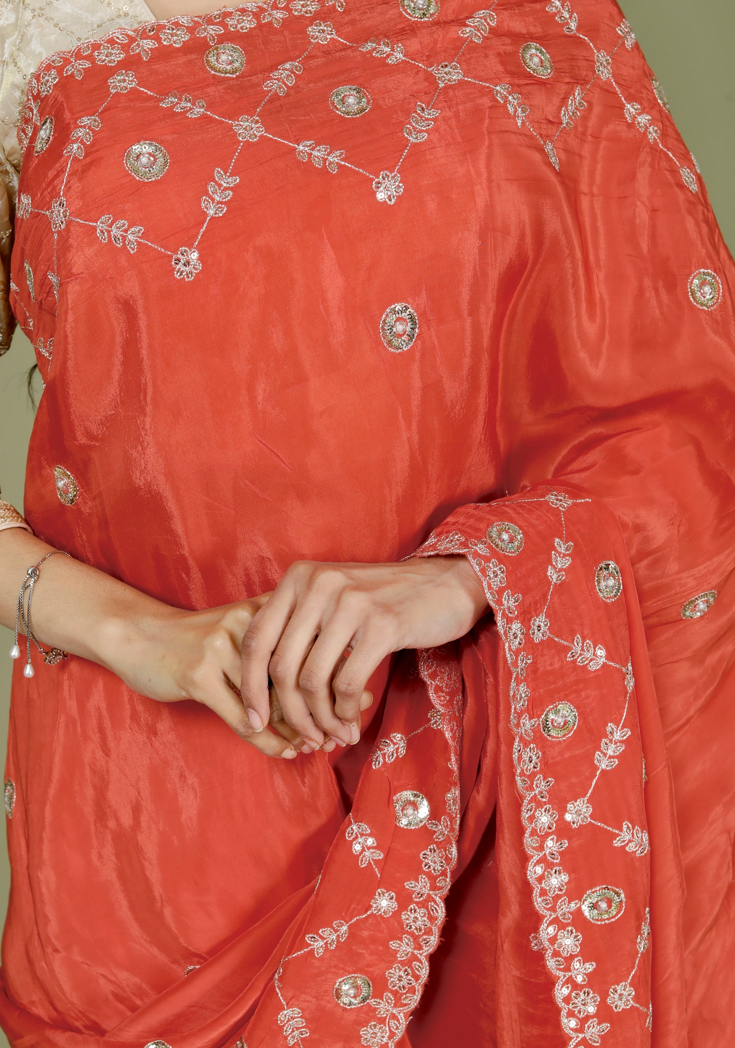 HO SILK ZARI EMBROIDERY BORDER WORK ORGNGE SAREE BY SKFBHOLUBHAI