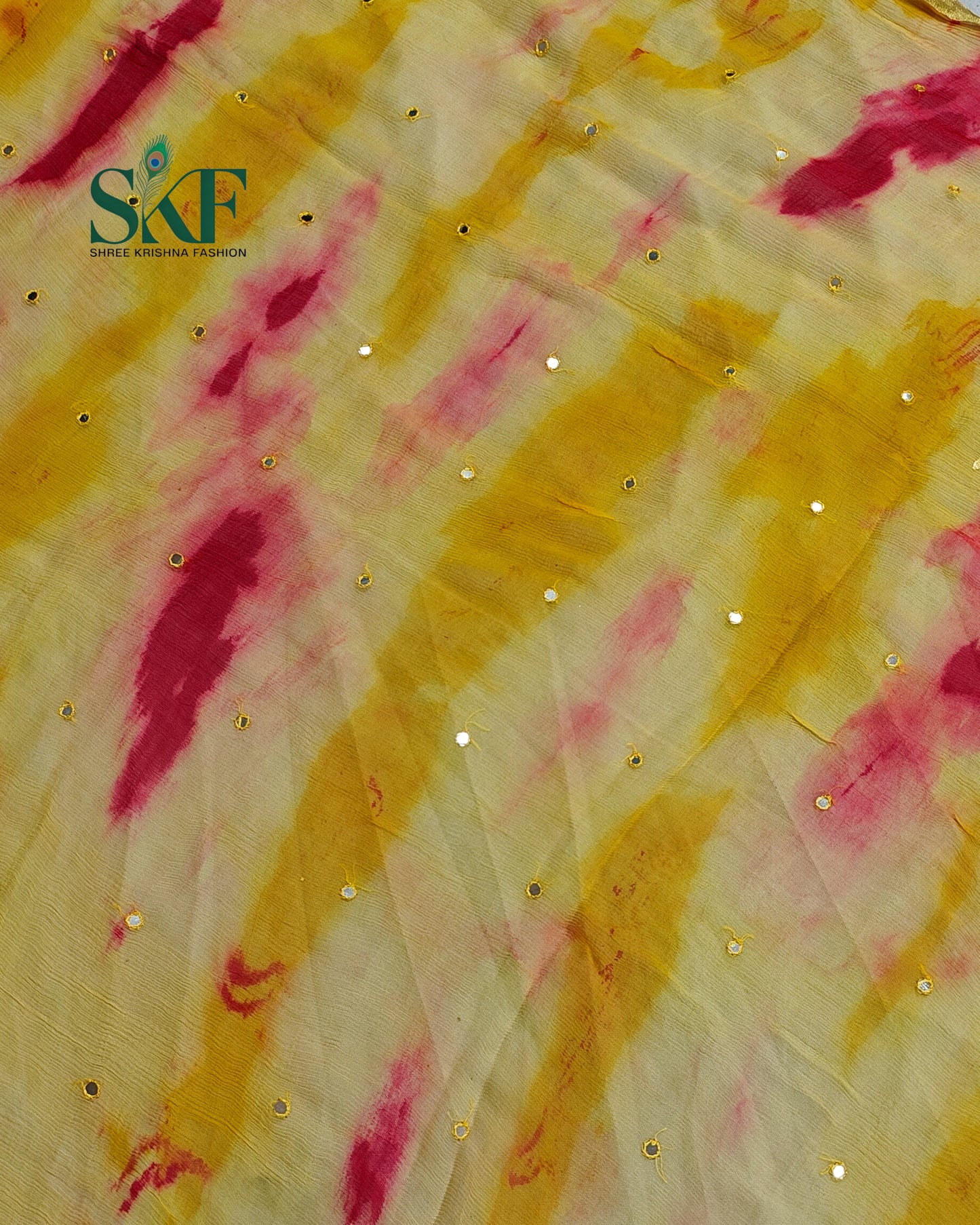 CHIFFON TIEDYE THREAD MIRROR WORK YELLOW SAREE BY SKFBHOLUBHAI