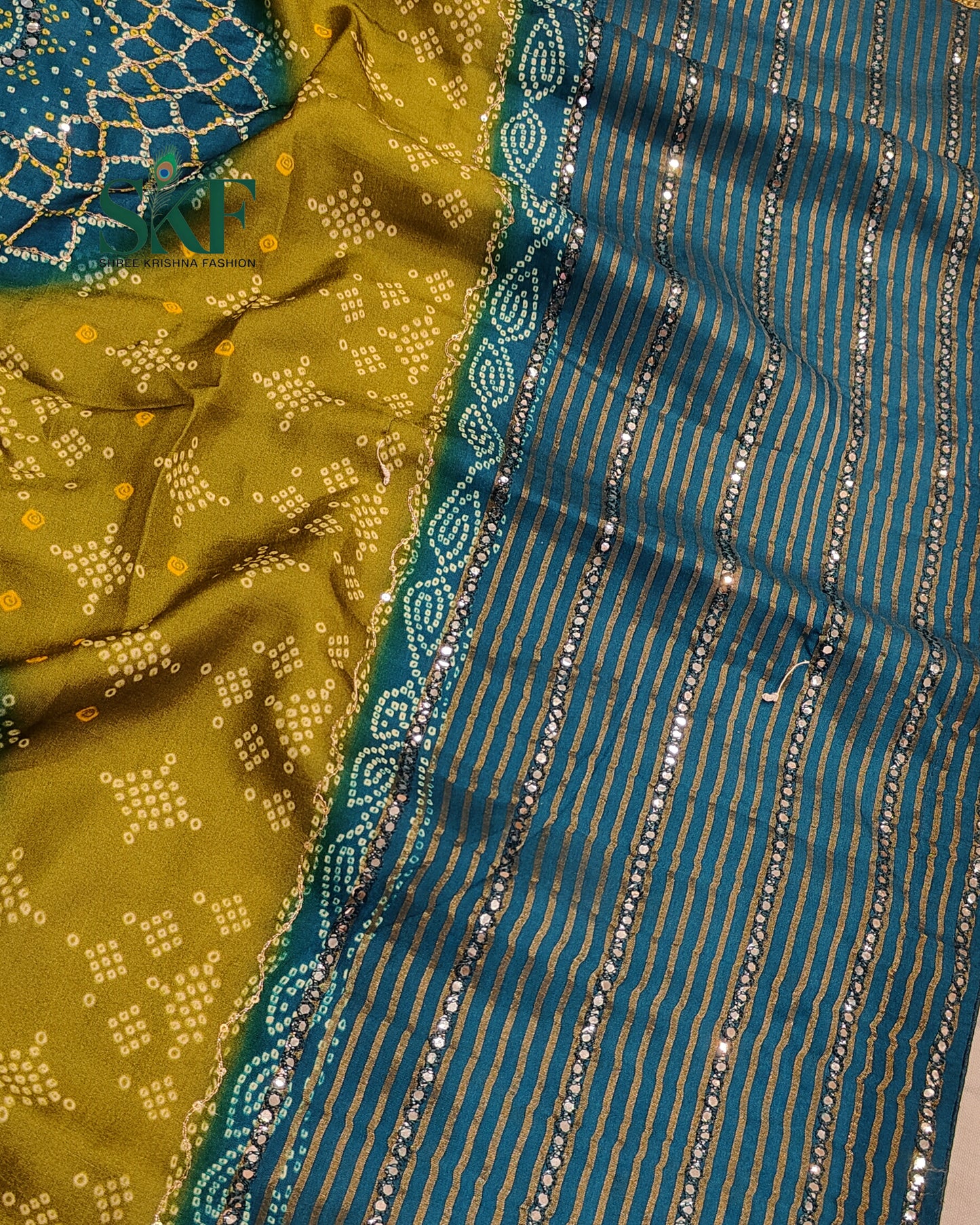 HO SILK BHANDHANI MIRROR WORK TWO TONE TEAL BLUE AND MEHNDI GREEN SAREE BY SKFBHOLUBHAI
