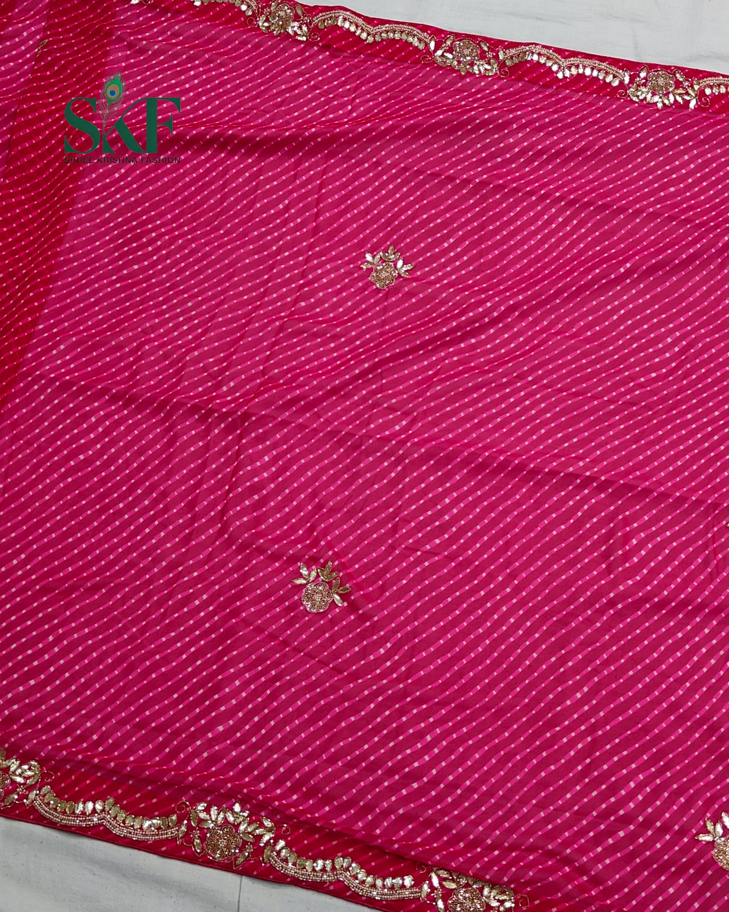 GEORGETTE MODHA LEHRIYA GOTTA PEARL HANDWORK RANIPINK SAREE BY SKFBHOLUBHAI