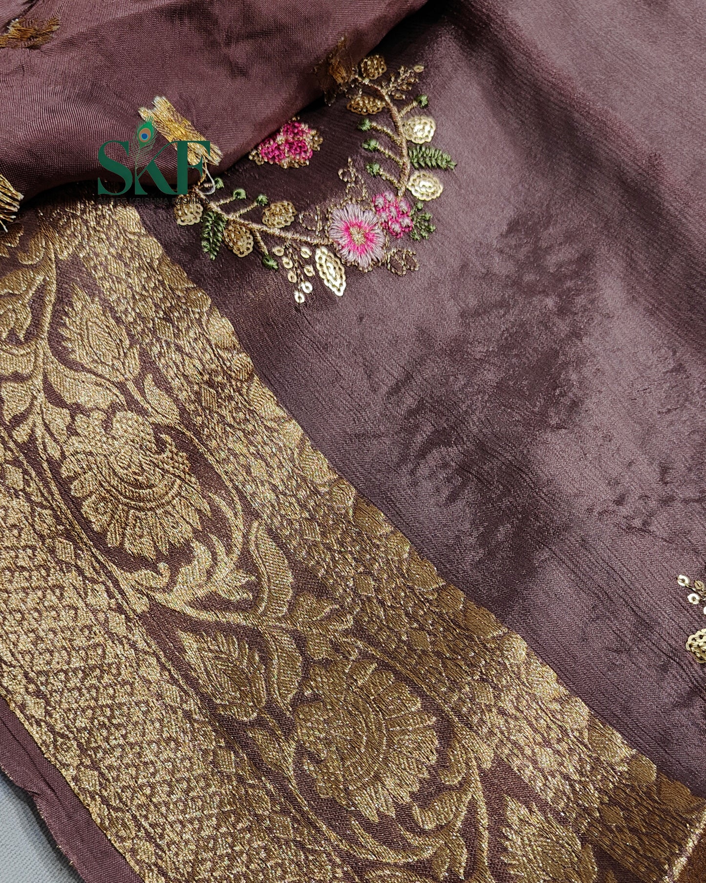 CHINON SEQUENCE EMBROIDERY WEAVING WORK LILAC SAREE BY SKFBHOLUBHAI