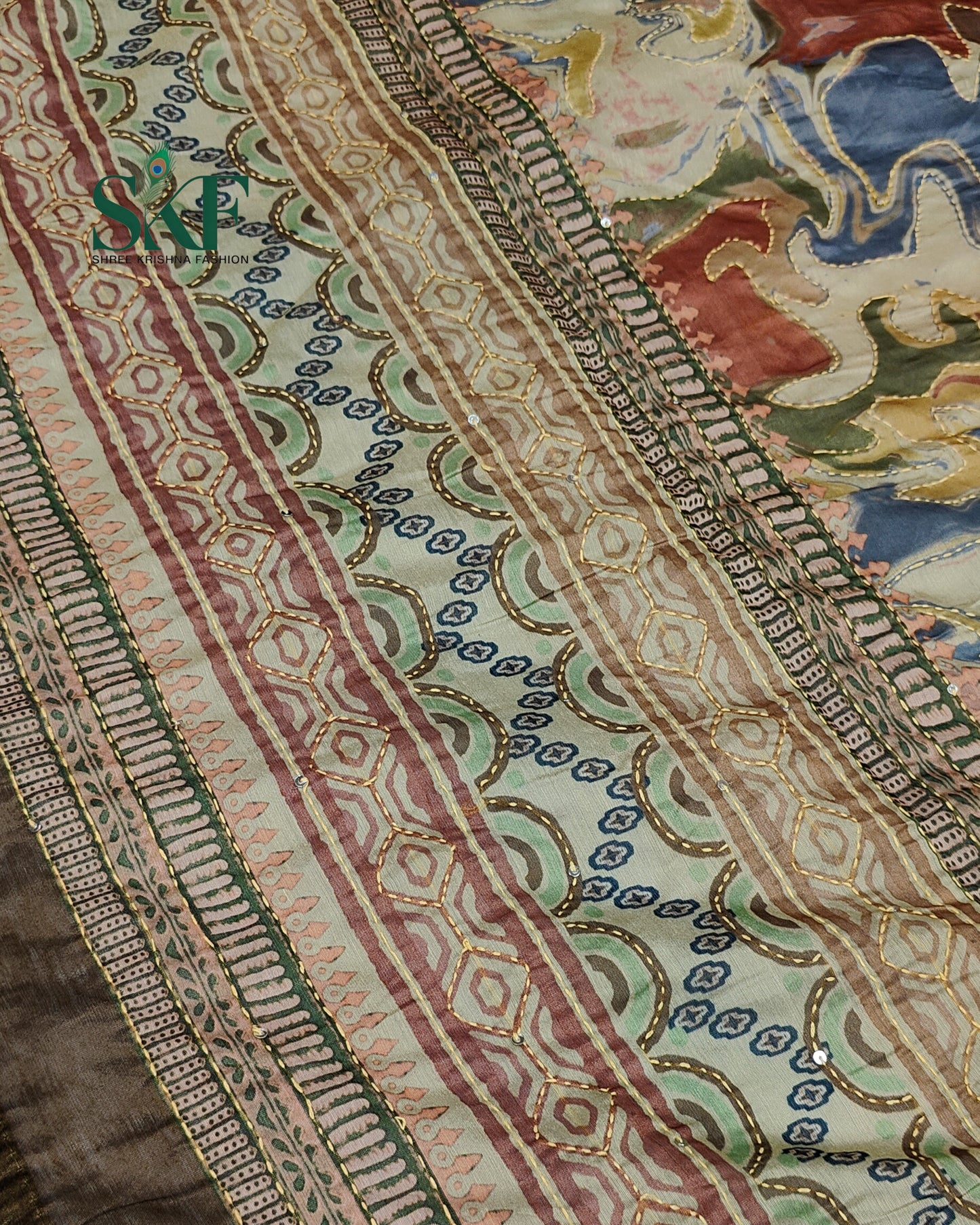 CHANDERI COTTON BRUSH PRINT KHATHA WORK BROWN SAREE BY SKFBHOLUBHAI