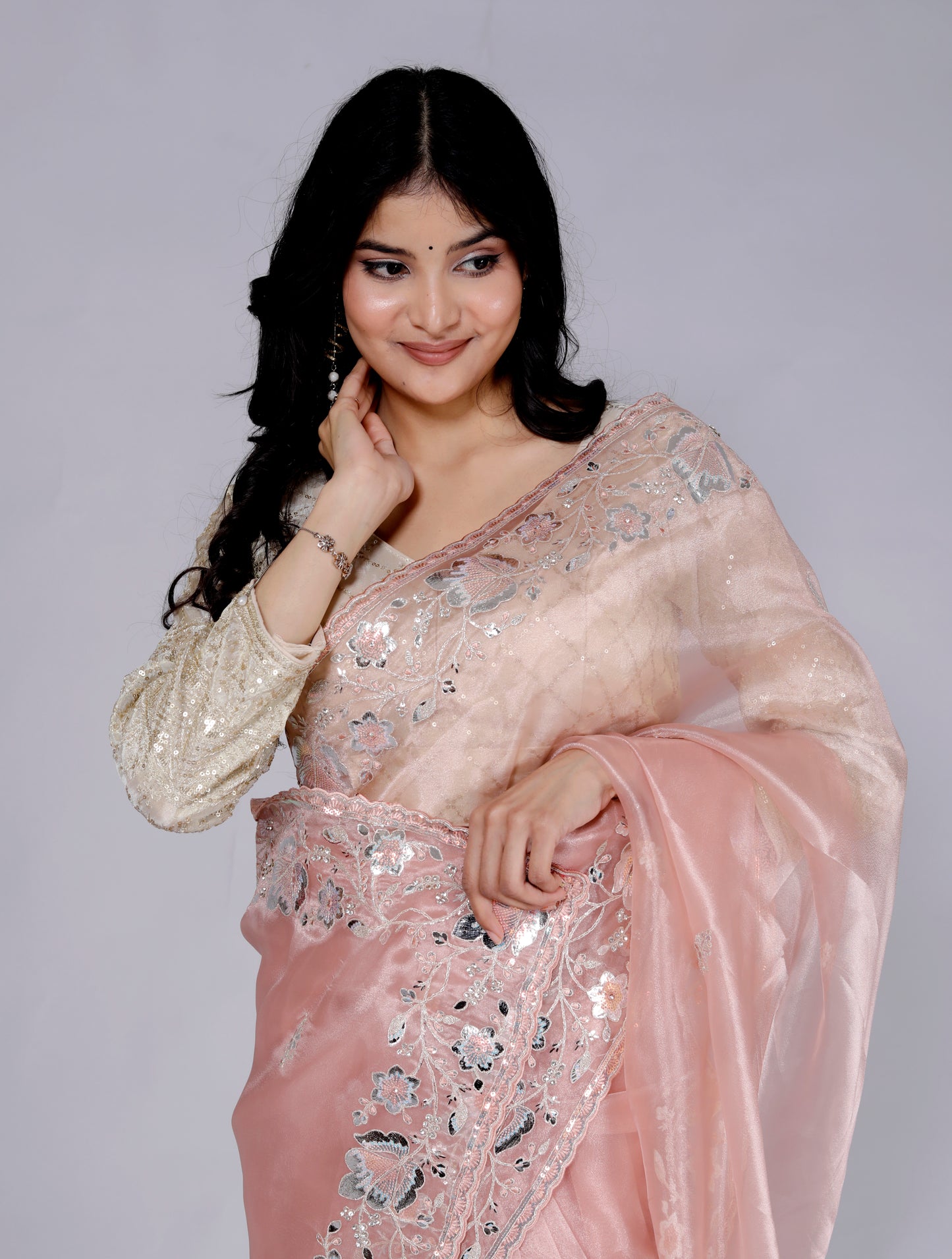 GLOSSY TISSUE ZARI EMBROIDERY BORDER PEACH SAREE BY SKFBHOLUBHAI