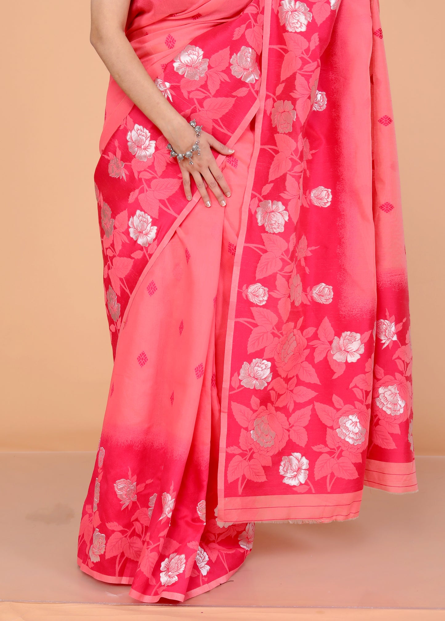 COTTON BLEND WEAVING RED PINK SAREE BY SKFBHOLUBHAI