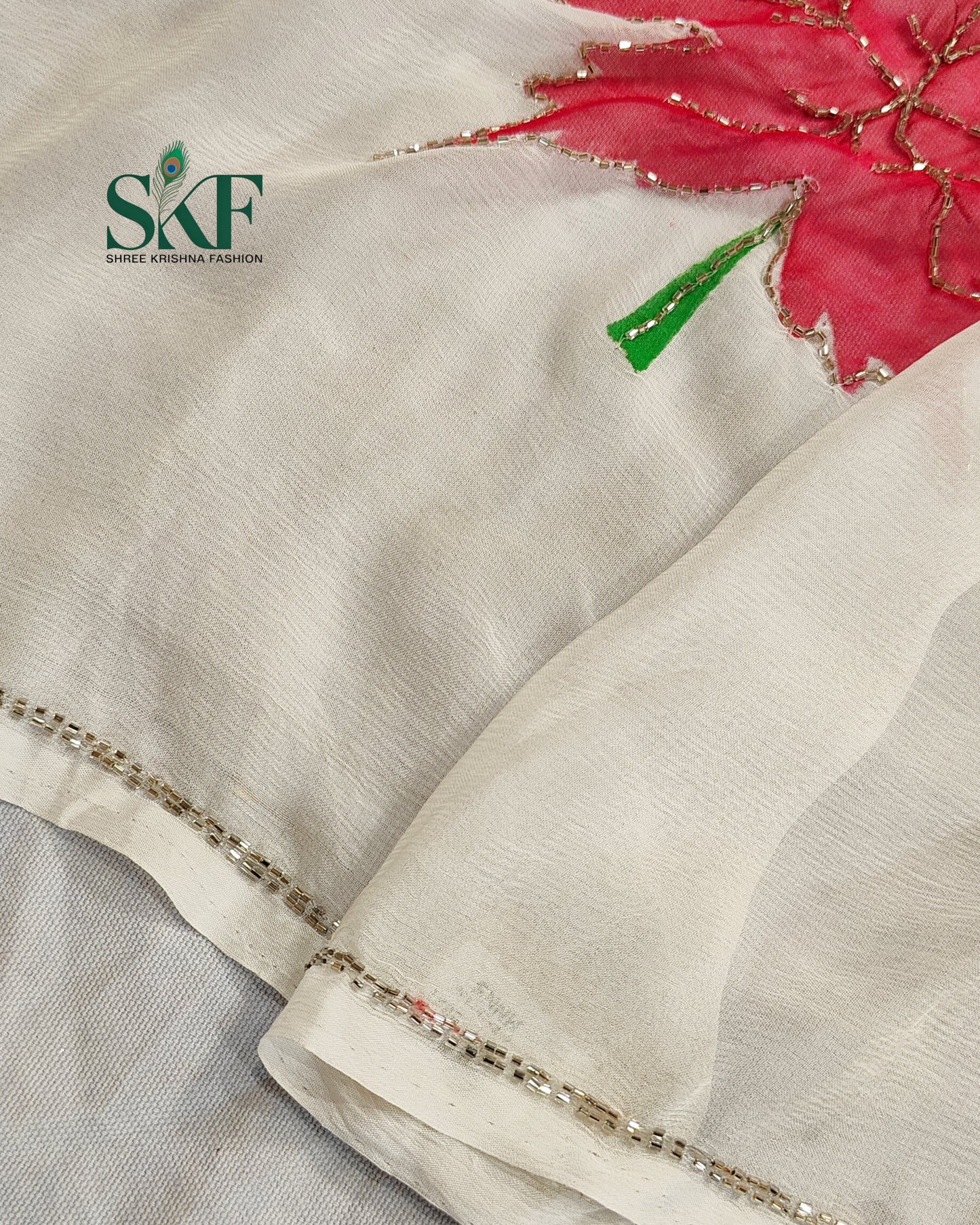 CHIFFON BRUSH PRINT LEAF KARDANA HANDWORK BUTTY WHITE SAREE BY SKFBHOLUBHAI