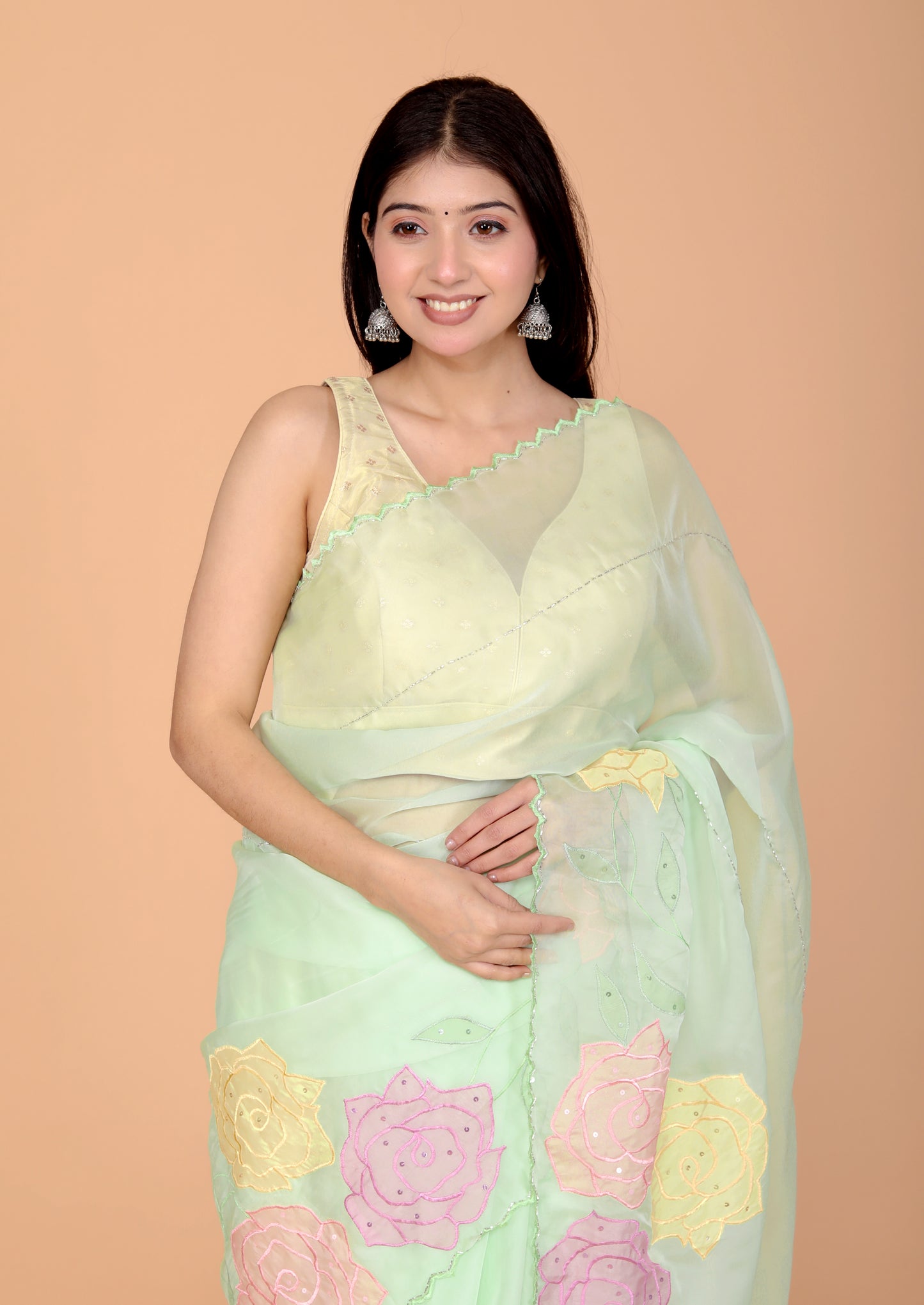 TISSUE APPLIQUE HANDWORK DESIGNER PISTA SAREE BY SKFBHOLUBHAI