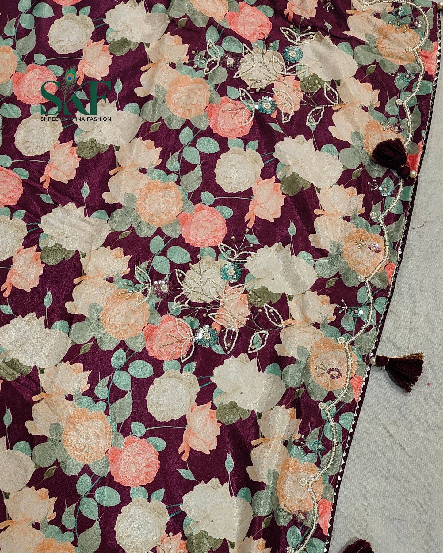 CHINON FLORAL DIGITAL PRINT HANDWORK SEEGREEN SAREE BY SKFBHOLUBHAI
