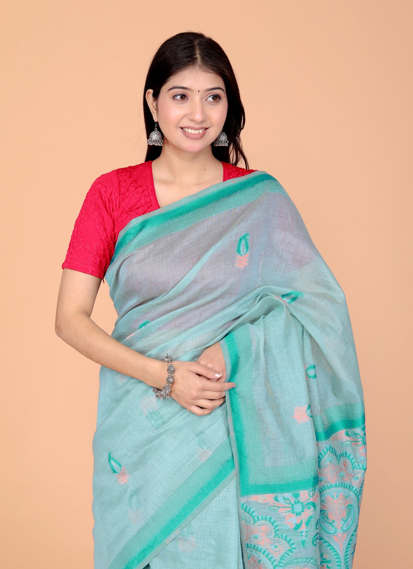 COTTON BLEND WEAVING FIROZI SAREE BY SKFBHOLUBHAI