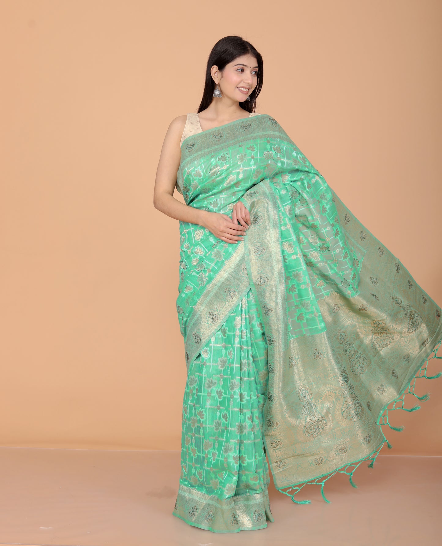 SILK WEAVING SEROSKI WORK SEE GREEN SAREE BY SKFBHOLUBHAI