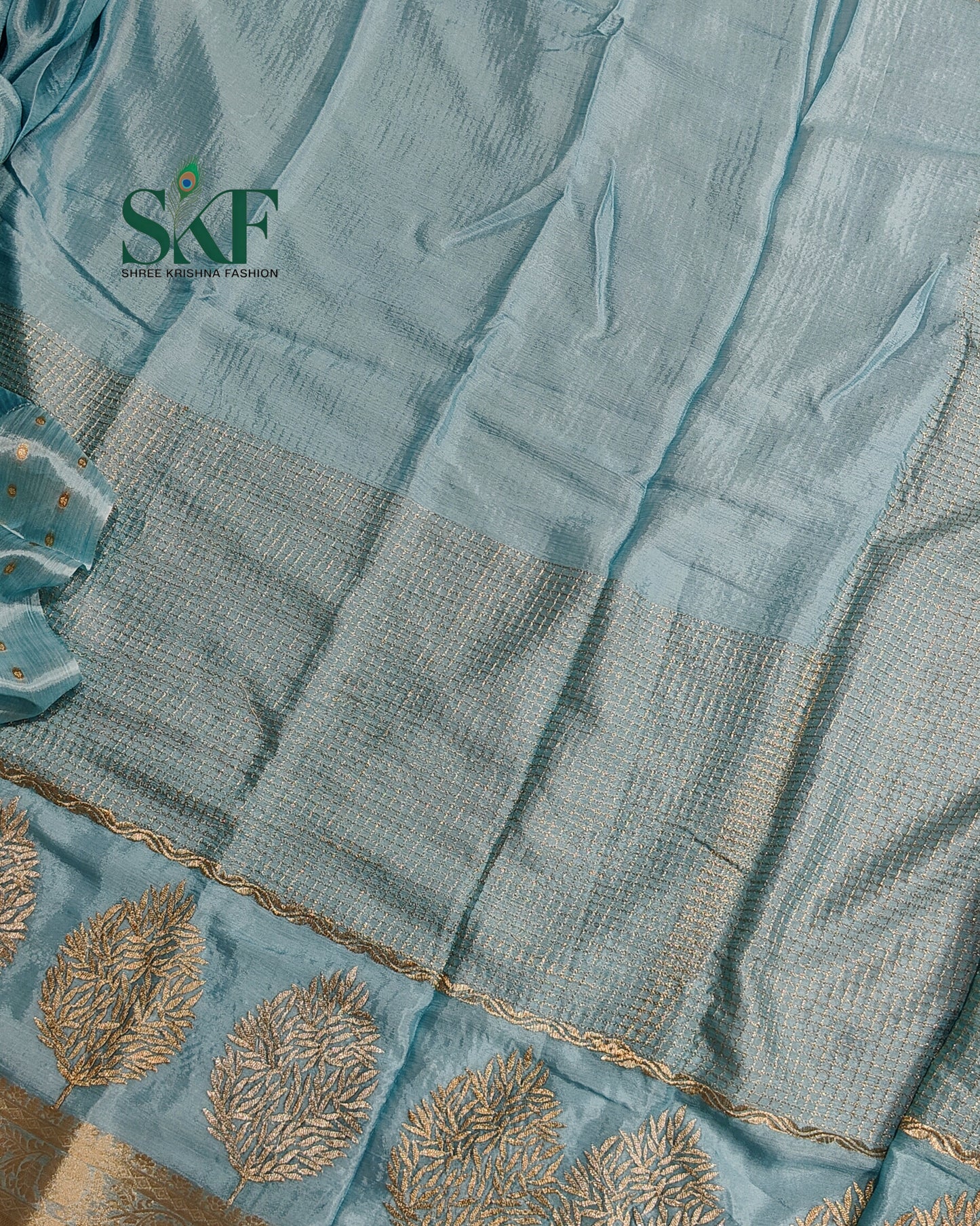 CHINON EMBROIDERY WEAVING BORDER WORK ICEBLUE SAREE BY SKFBHOLUBHAI
