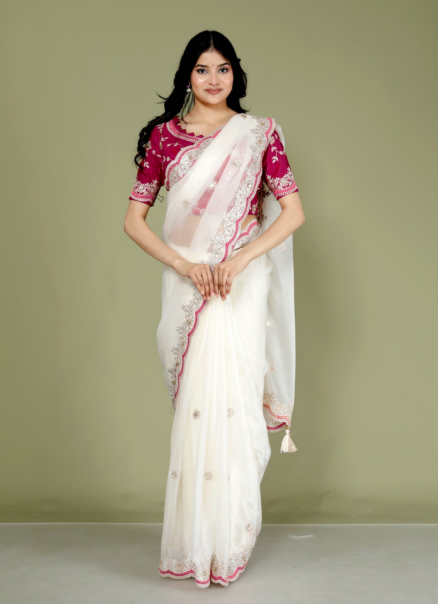 NEAT ORGANZA ZARI EMBROIDERY CUTWORK STICH BLOUSE IVORY SAREE BY SKFBHOLUBHAI