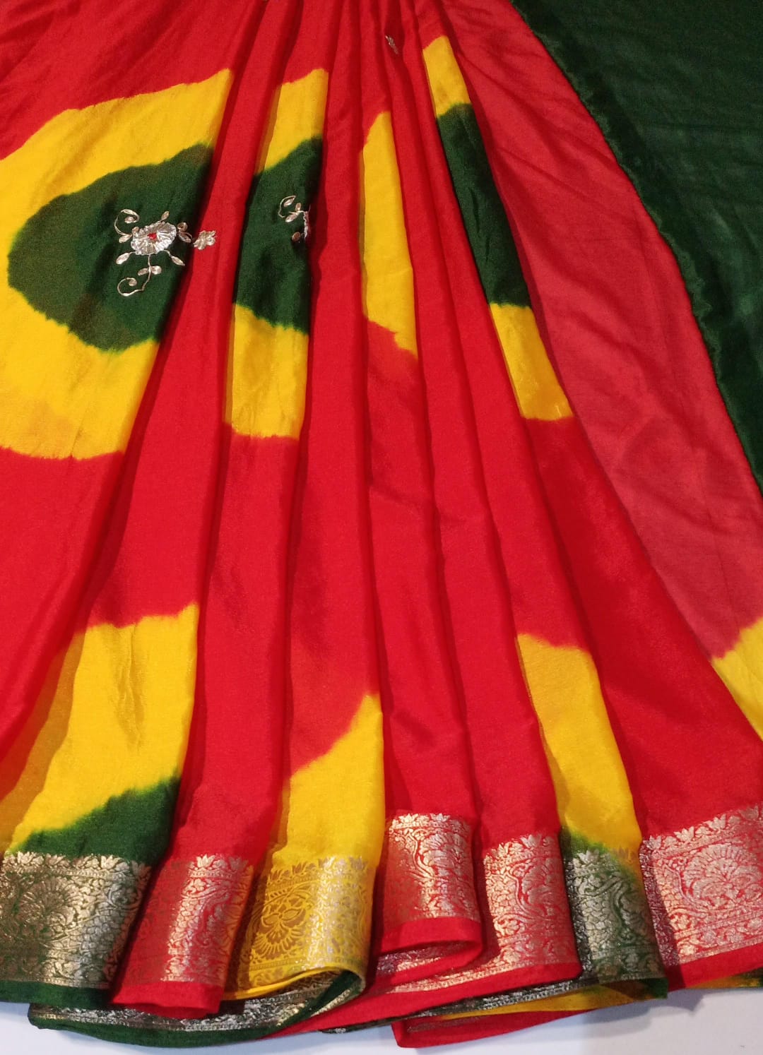 JAIPURI CHINON WITH KACHHA GOTA WORK GHEVAR BANDHEJ RED COLOUR SAREE