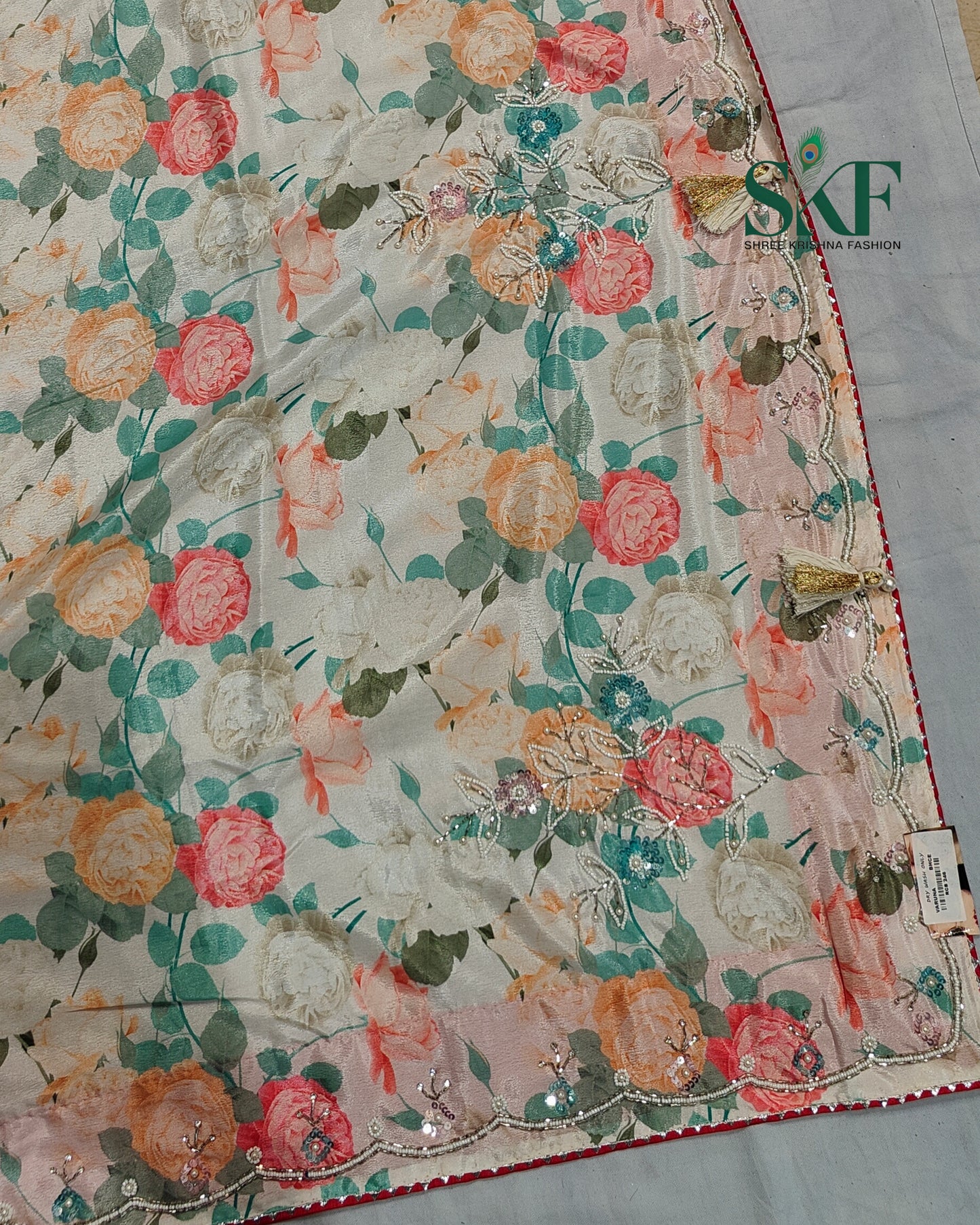 CHINON FLORAL DIGITAL PRINT HANDWORK CREAM SAREE BY SKFBHOLUBHAI