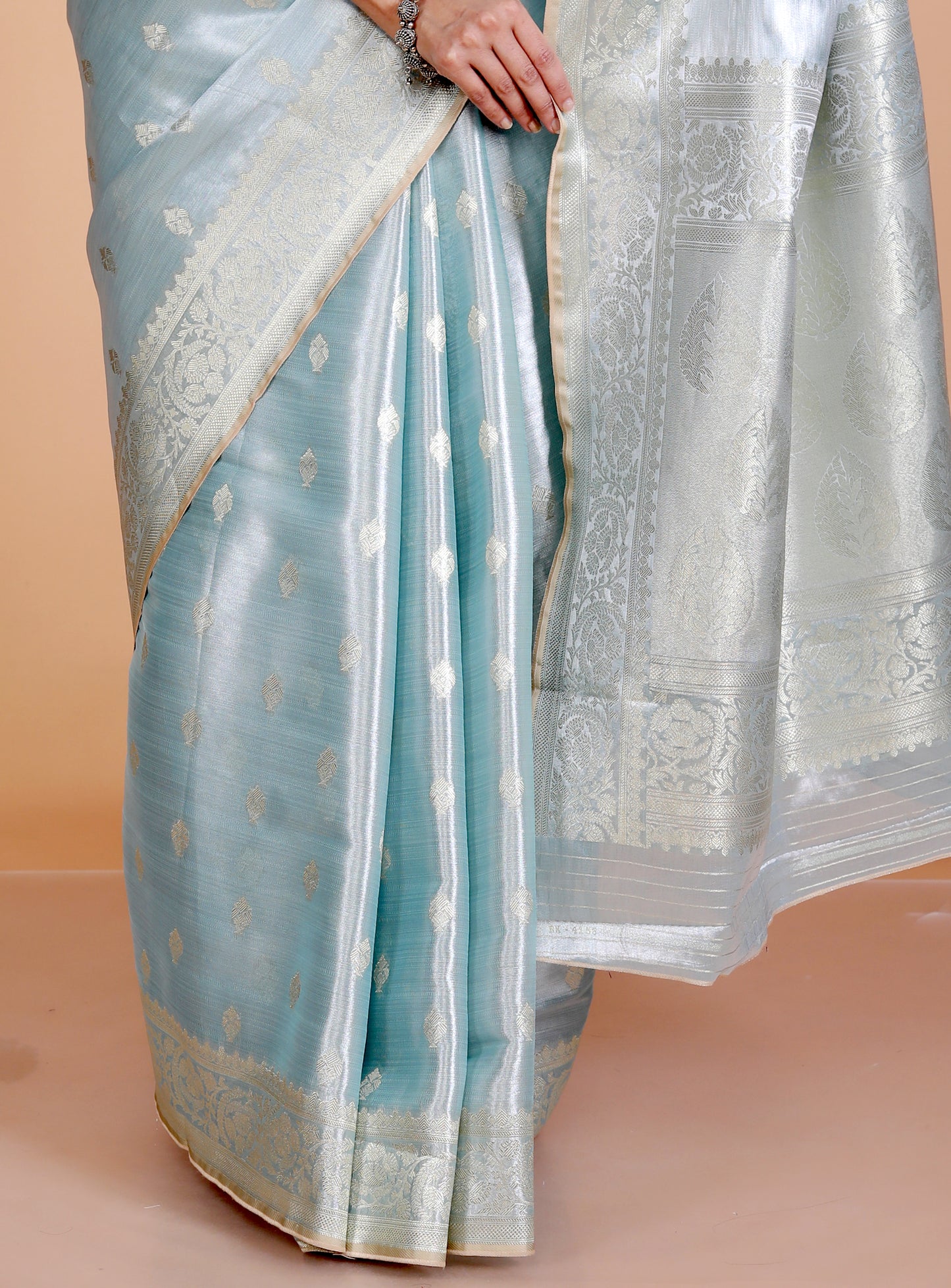 TISSUE SILK BUTTY WEAVING ICE BLUE SAREE BY SKFBHOLUBHAI