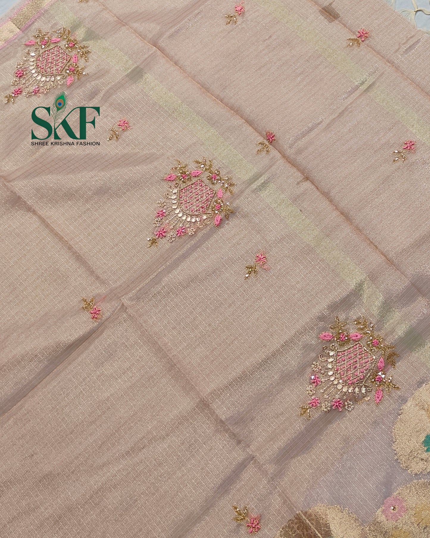 DORIYA TISSUE MULTI WEAVING HANDWORK BUTTA PEACH PINK SAREE BY SKFBHOLUBHAI