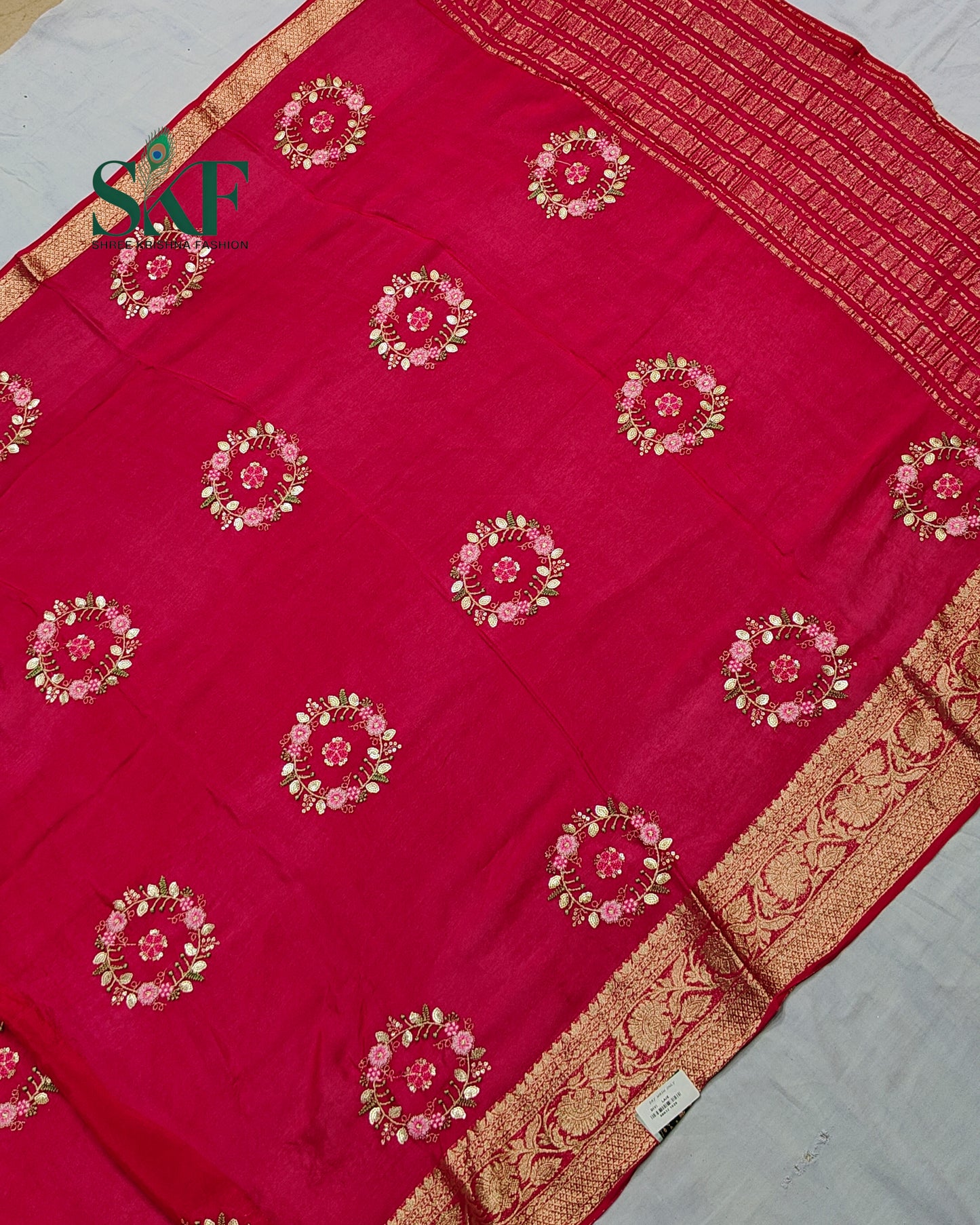 CHINON SEQUENCE EMBROIDERY WEAVING WORK RANIPINK SAREE BY SKFBHOLUBHAI