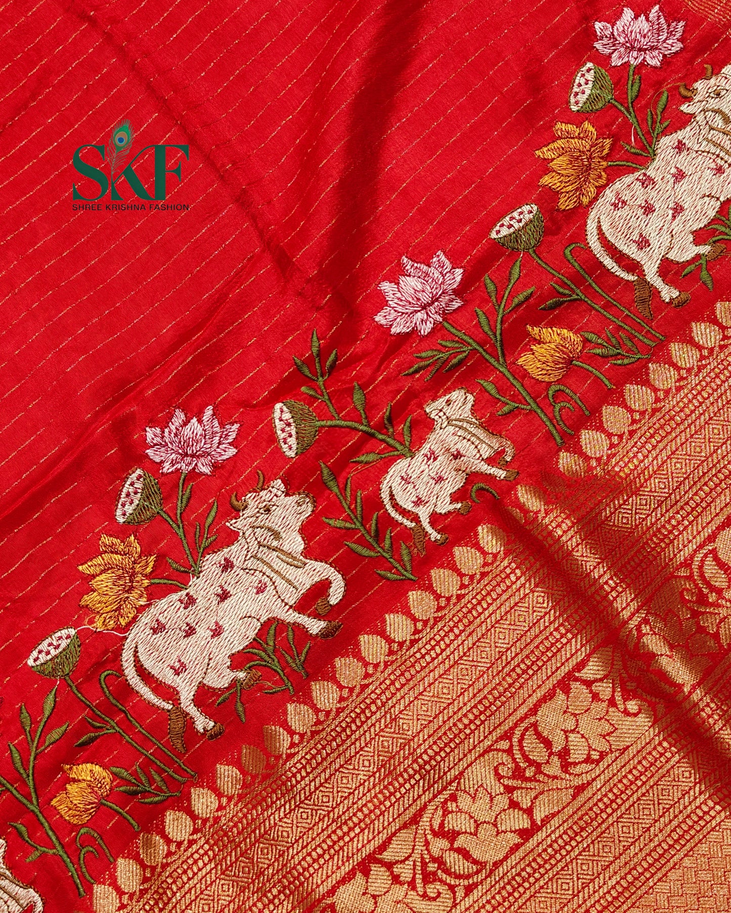 DOLA SILK MOTIF EMBROIDERY PANEL WEAVING BORDER WORK RED SAREE BY SKFBHOLUBHAI