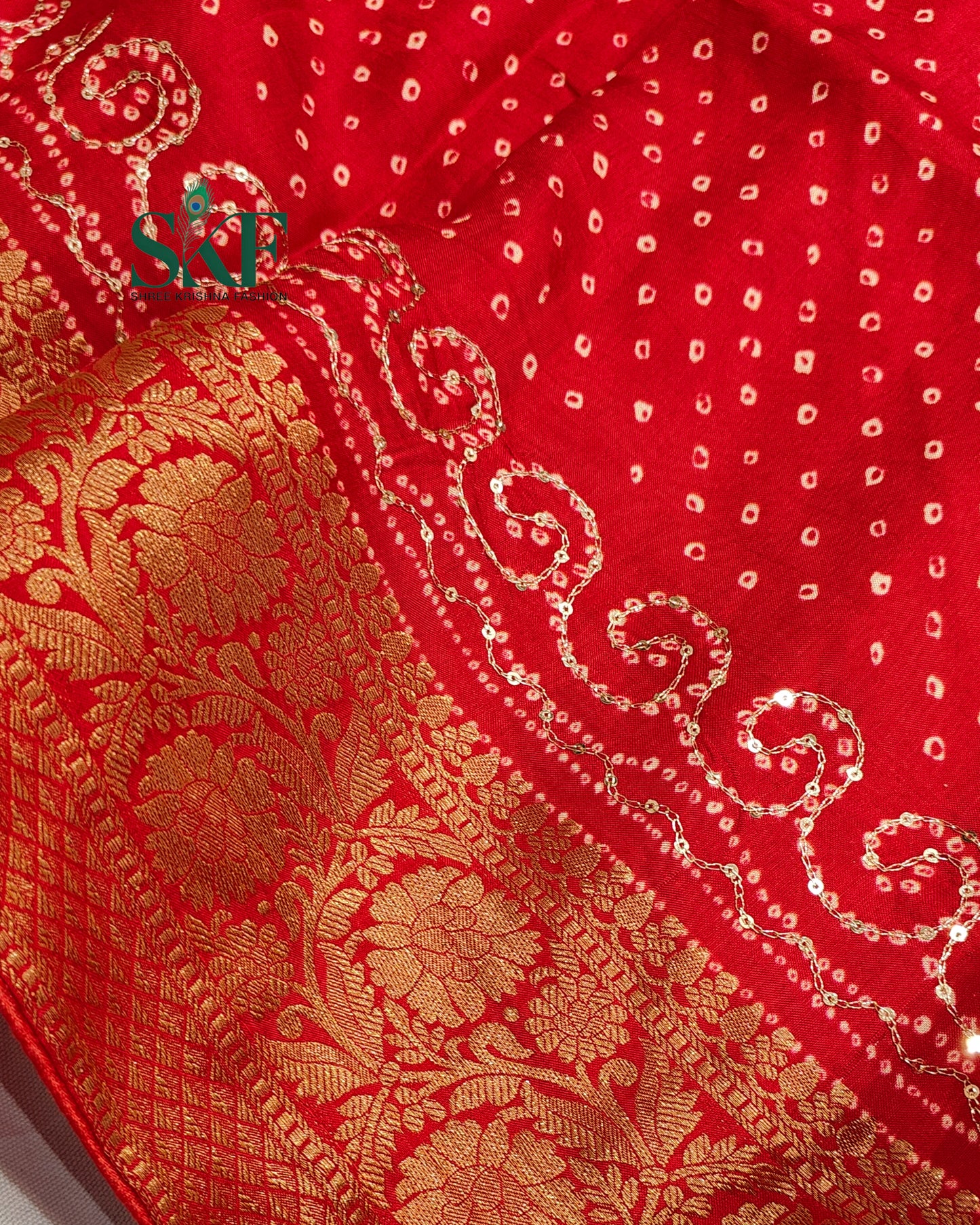 HO SILK BHANDHANI PEACOCK MOTIF AARI AND SEQUENCE WORK RED SAREE BY SKFBHOLUBHAI