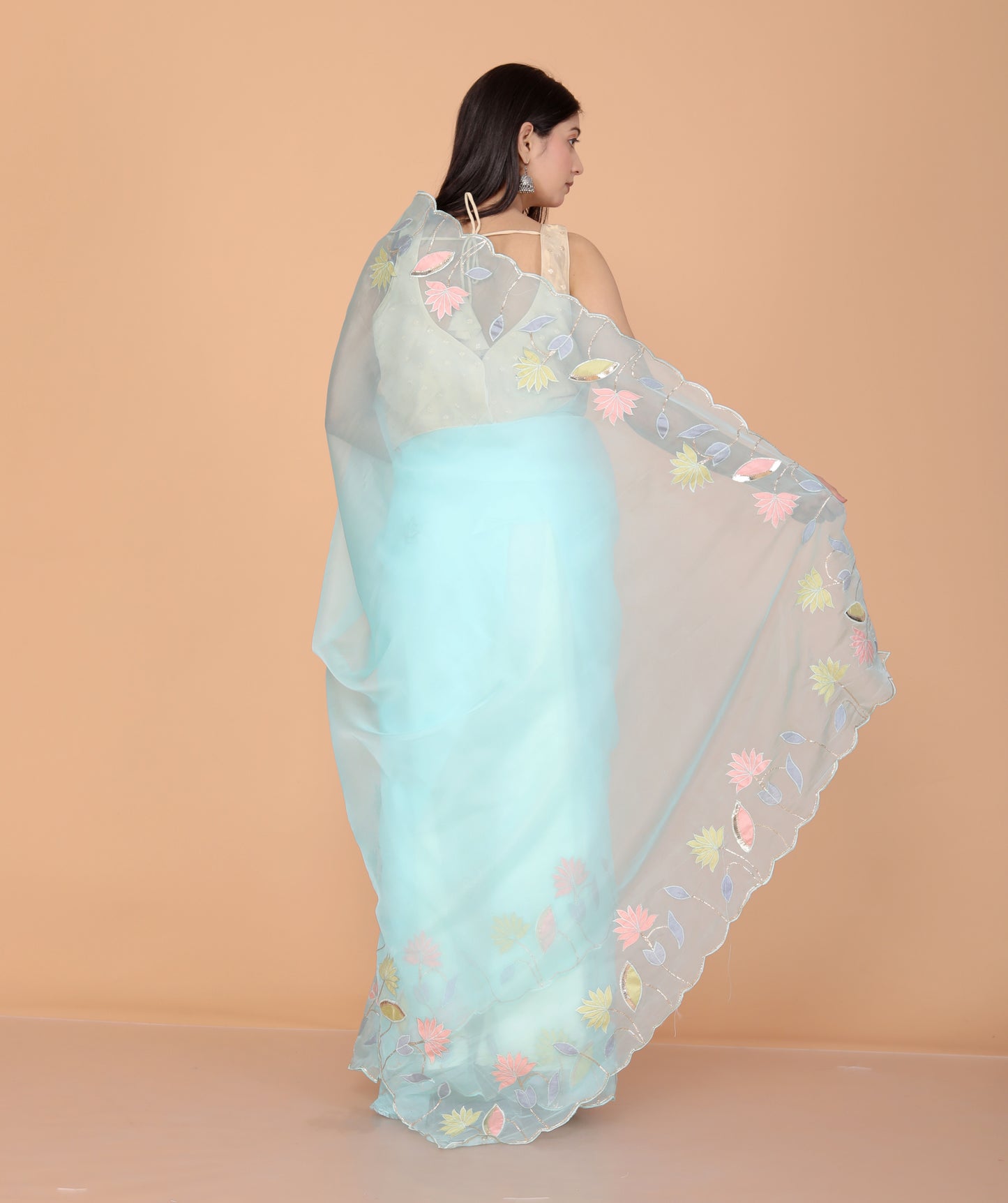 TISSUE APPLIQUE WORK DESIGNER SKY BLUE SAREE BY SKFBHOLUBHAI