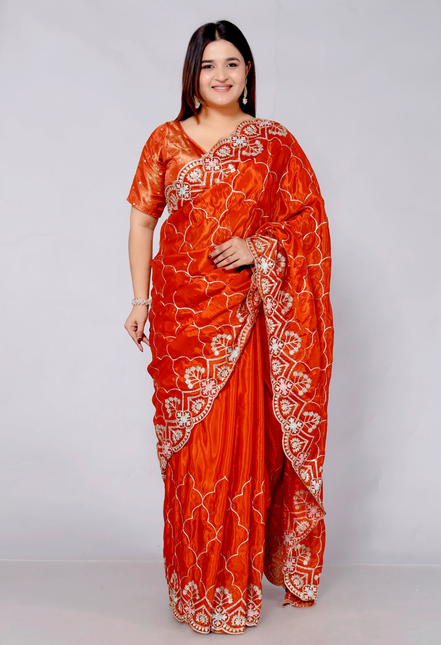 HO SILK ZARI EMBROIDERY HANDWORK JAAL ORANGE RUST SAREE BY SKFBHOLUBHAI