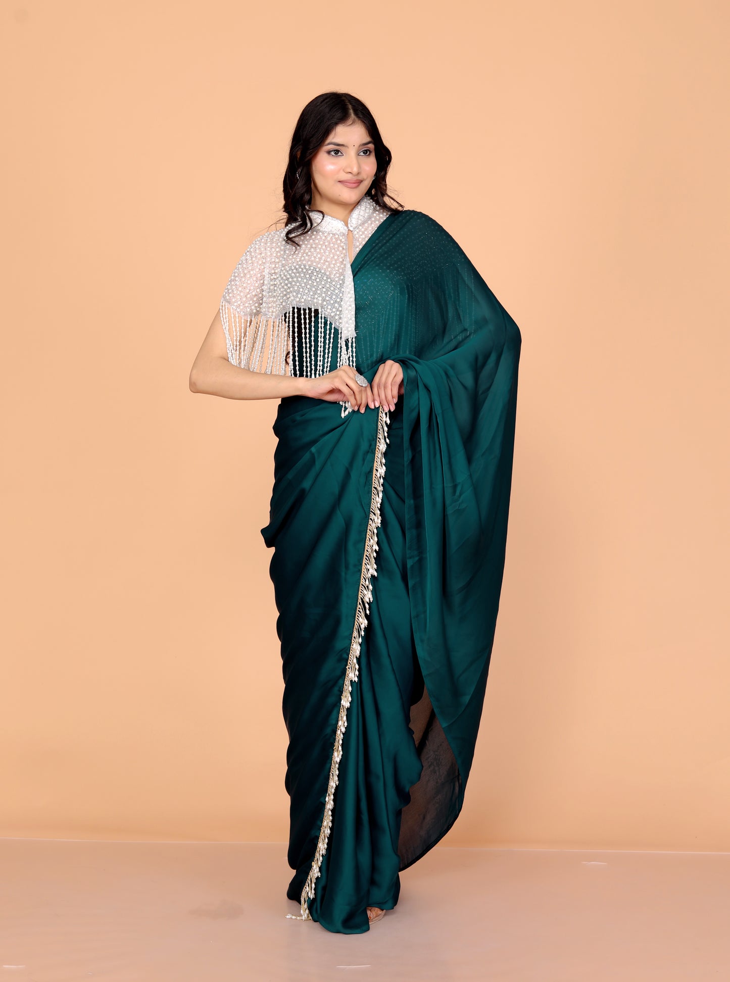 CREPE PLAIN TASSELS WORK TURQUOISE GREEN SAREE BY SKFBHOLUBHAI