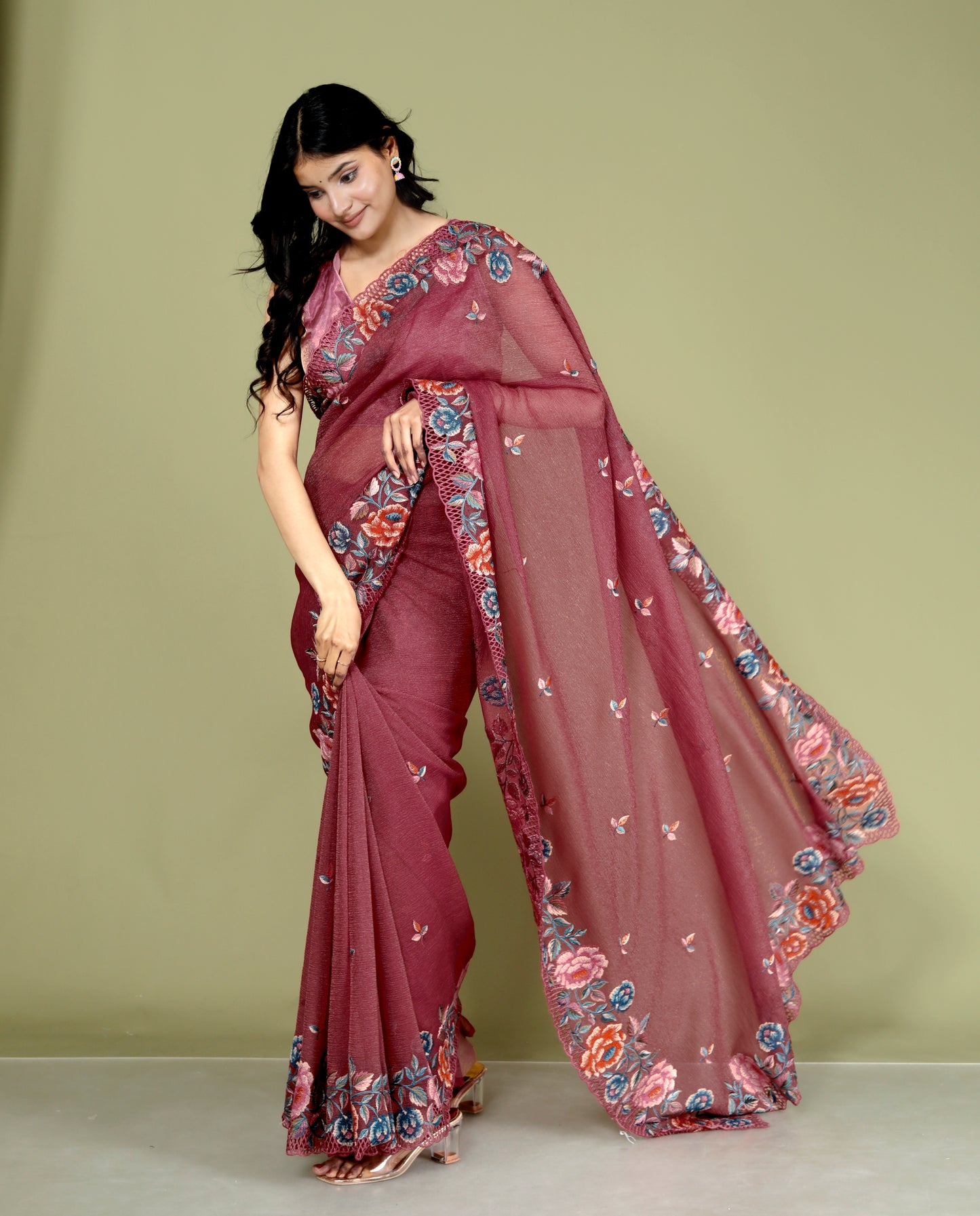CRUSH CHINON MULTITHRED EMBROIDERY BORDER WORK RED RUST SAREE BY SKFBHOLUBHAI