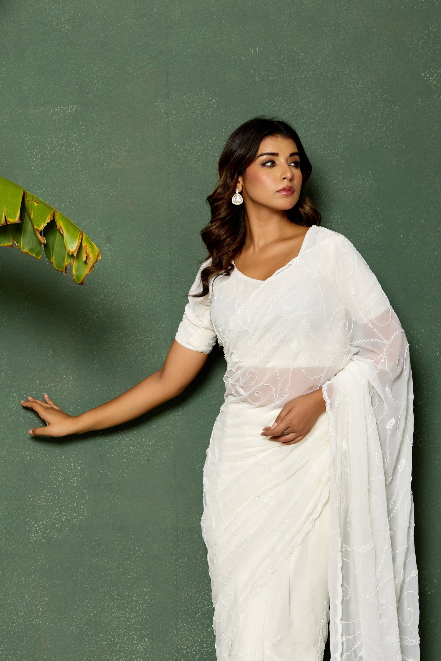 GEORGETTE KARDANA BEADS JAAL HANDWORK IVORY SAREE BY SKFBHOLUBHAI