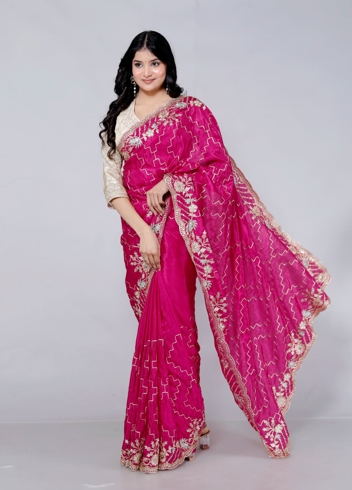 HO SILK ZARI EMBROIDERY HANDWORK JAAL RANIPINK SAREE BY SKFBHOLUBHAI