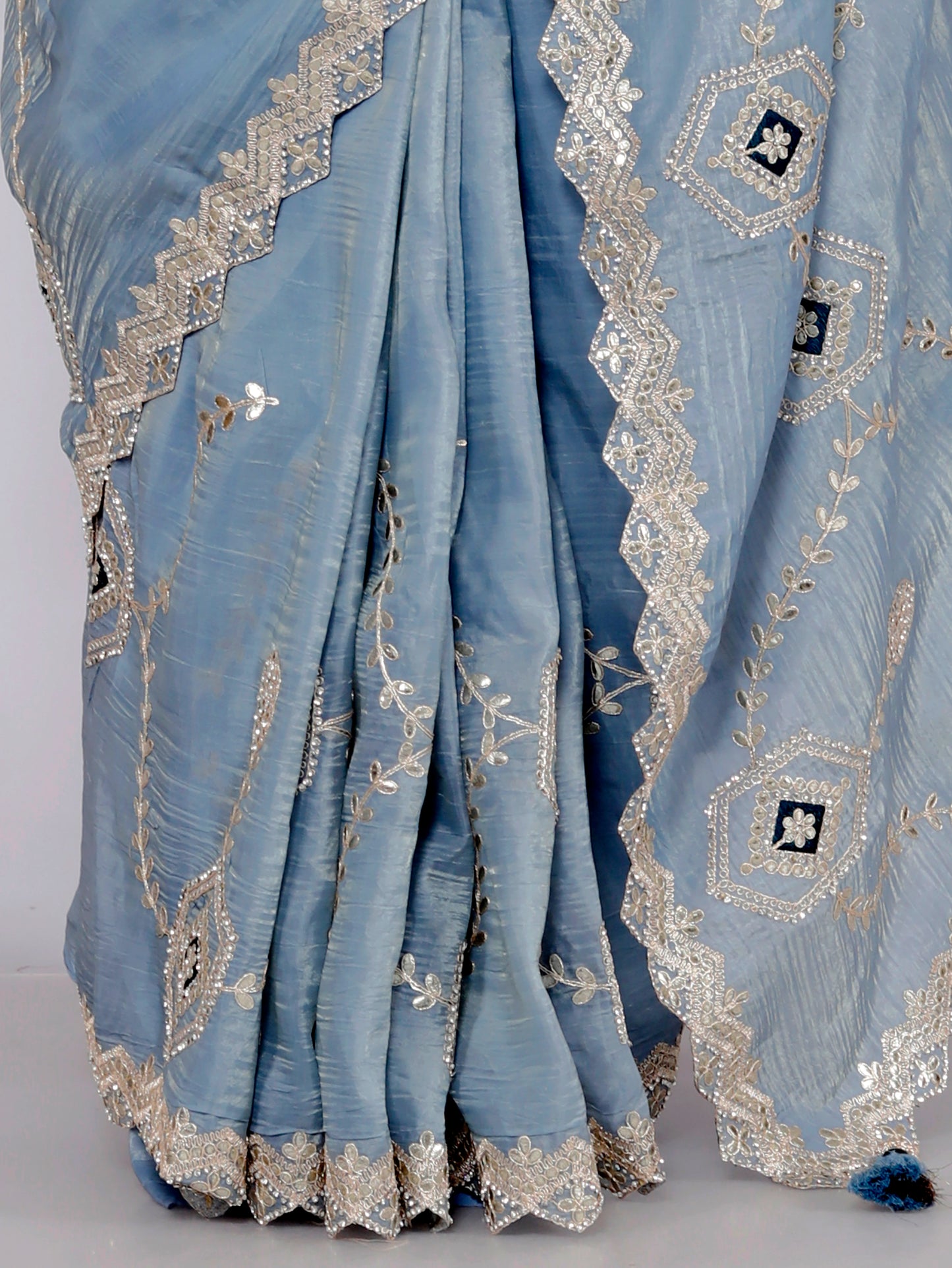 CRUSH TISSUE ZARI GOTTA EMBROIDERY JAAL ICE BLUE SAREE BY SKFBHOLUBHAI