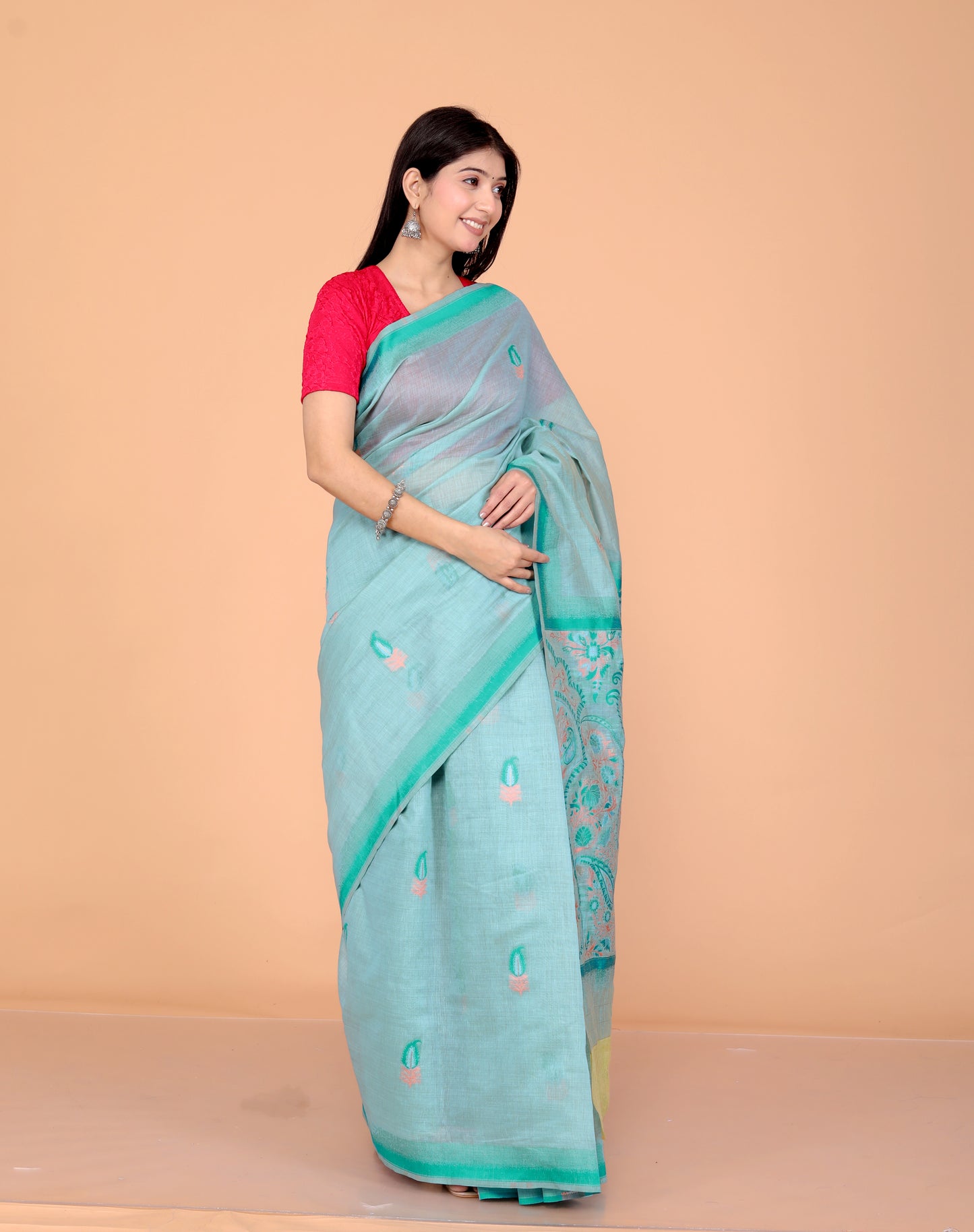 COTTON BLEND WEAVING FIROZI SAREE BY SKFBHOLUBHAI