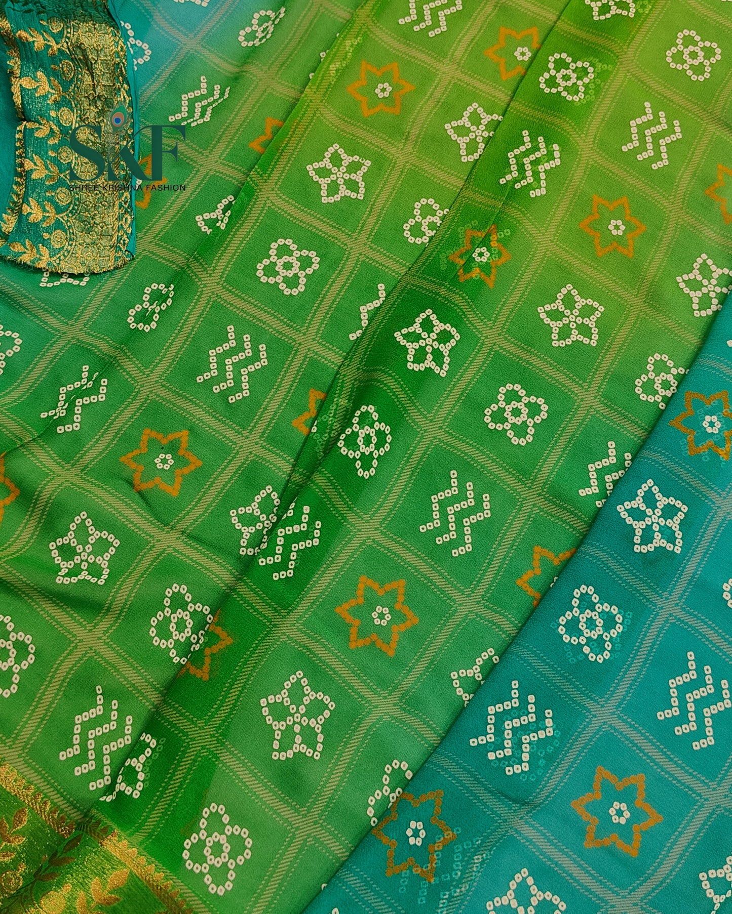 GEORGETTE GHATCHOLA BHANDHANI RAMAGREEN OMBREDYE WEAVING SAREE BY SKFBHOLUBHAI
