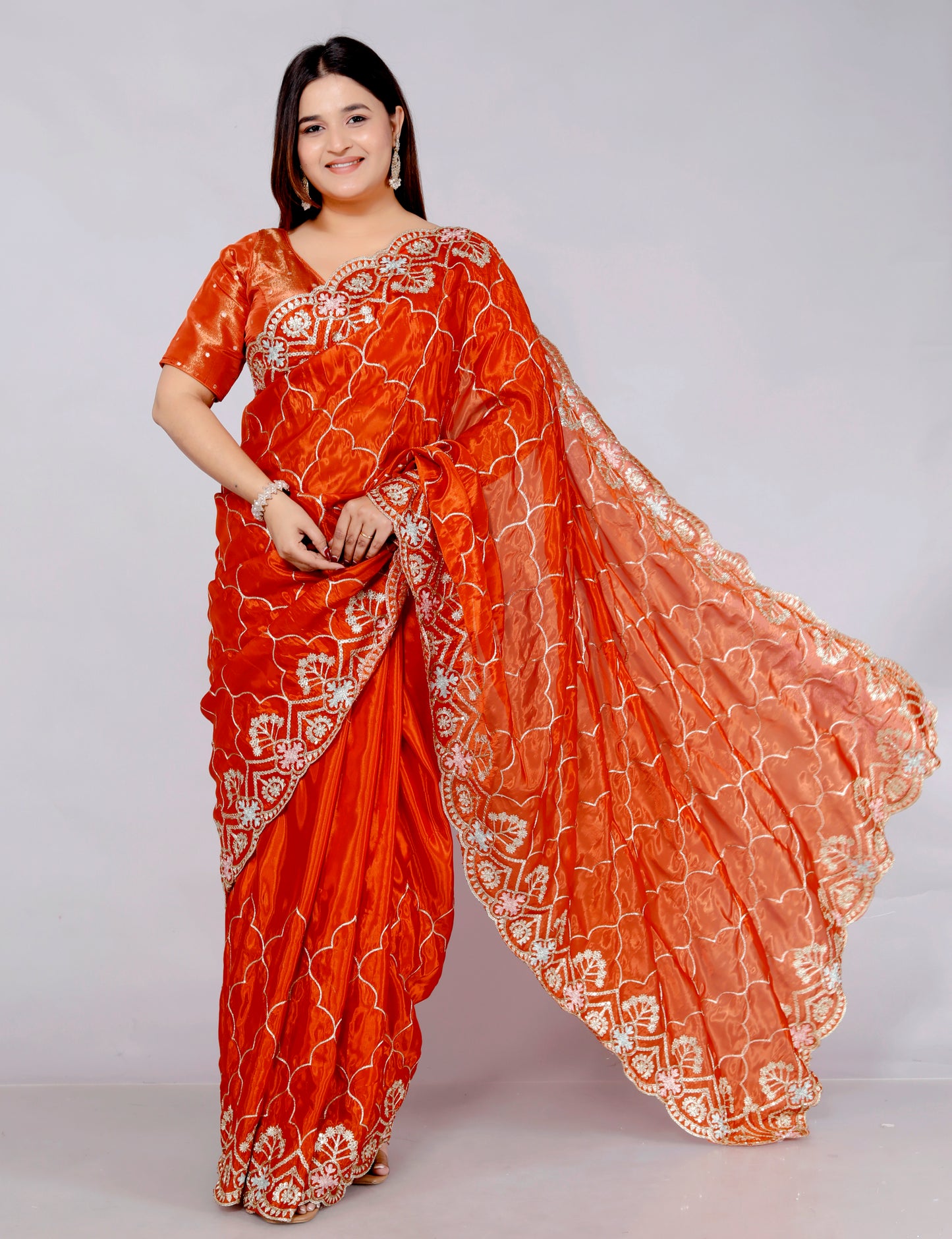HO SILK ZARI EMBROIDERY HANDWORK JAAL ORANGE RUST SAREE BY SKFBHOLUBHAI