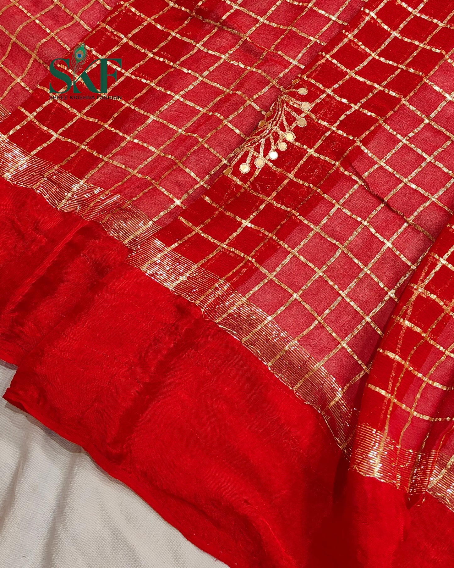 VISCOSS GEORGETTE AARI GOTTA CHEKERD SATIN BORDER WORK RED SAREE BY SKFBHOLUBHAI
