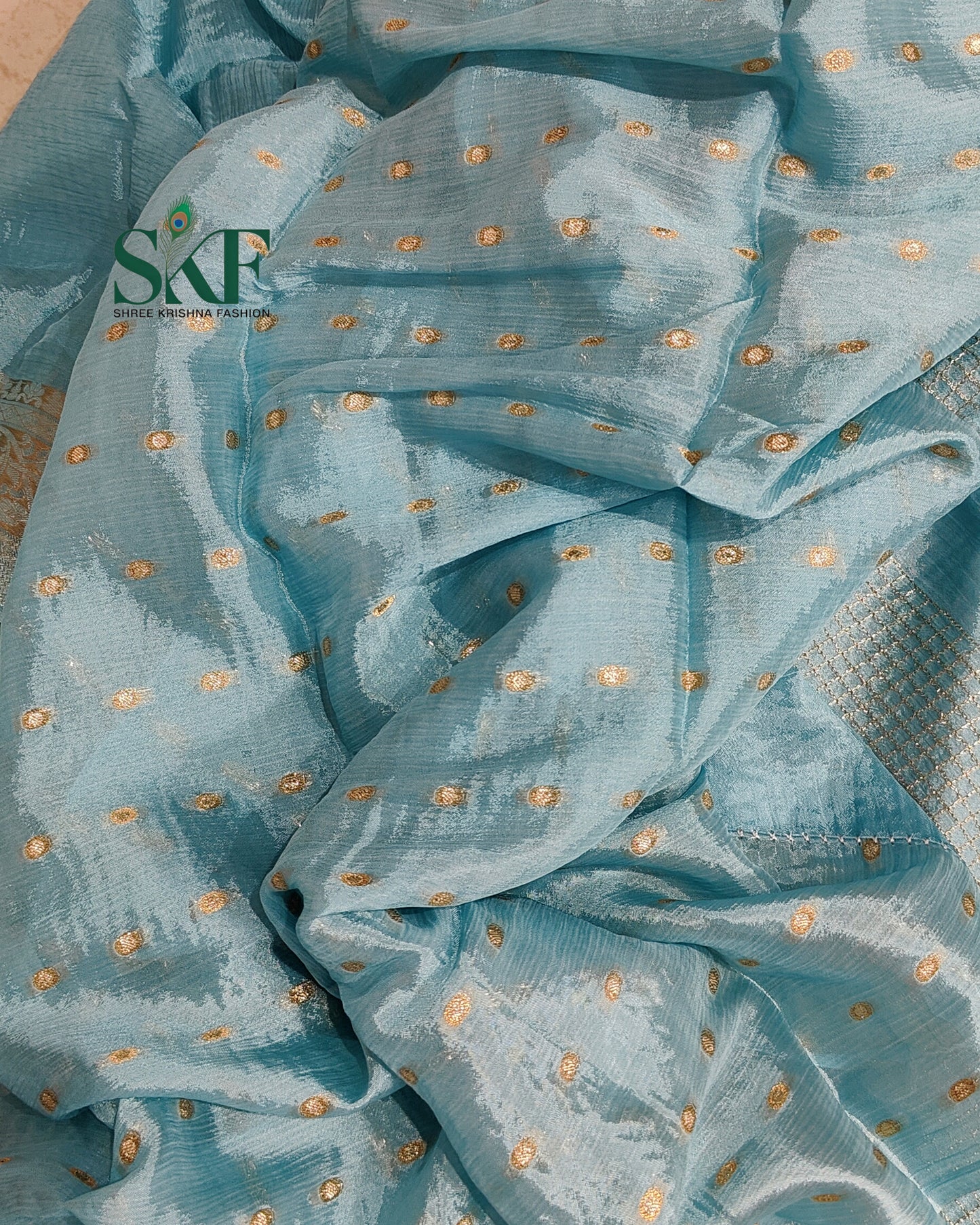 CHINON EMBROIDERY WEAVING BORDER WORK ICEBLUE SAREE BY SKFBHOLUBHAI