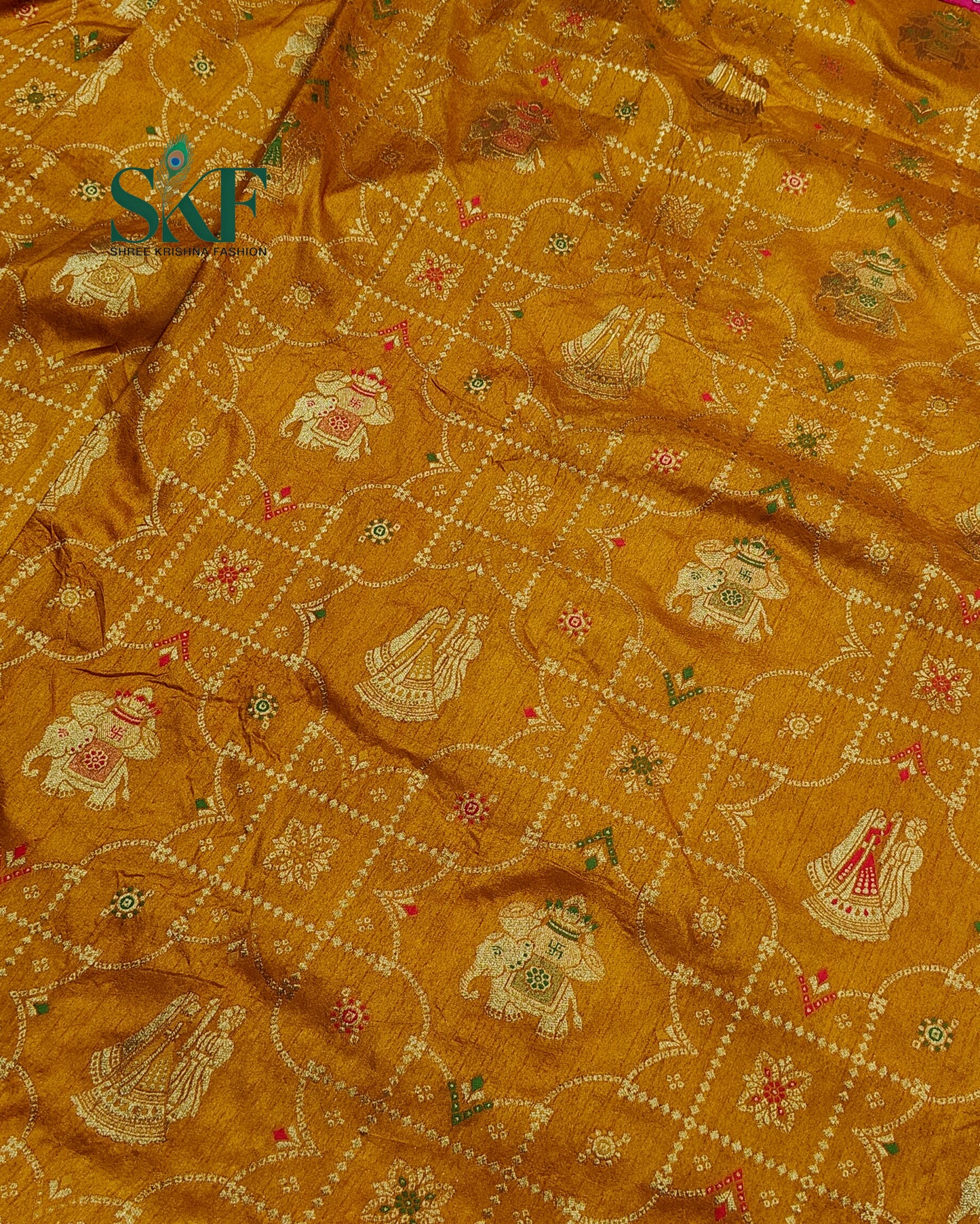 DOLA BANARSI MOTIF WEAVING HEAVY WORK BORDER YELLOW MUSTURD SAREE BY SKFBHOLUBHAI