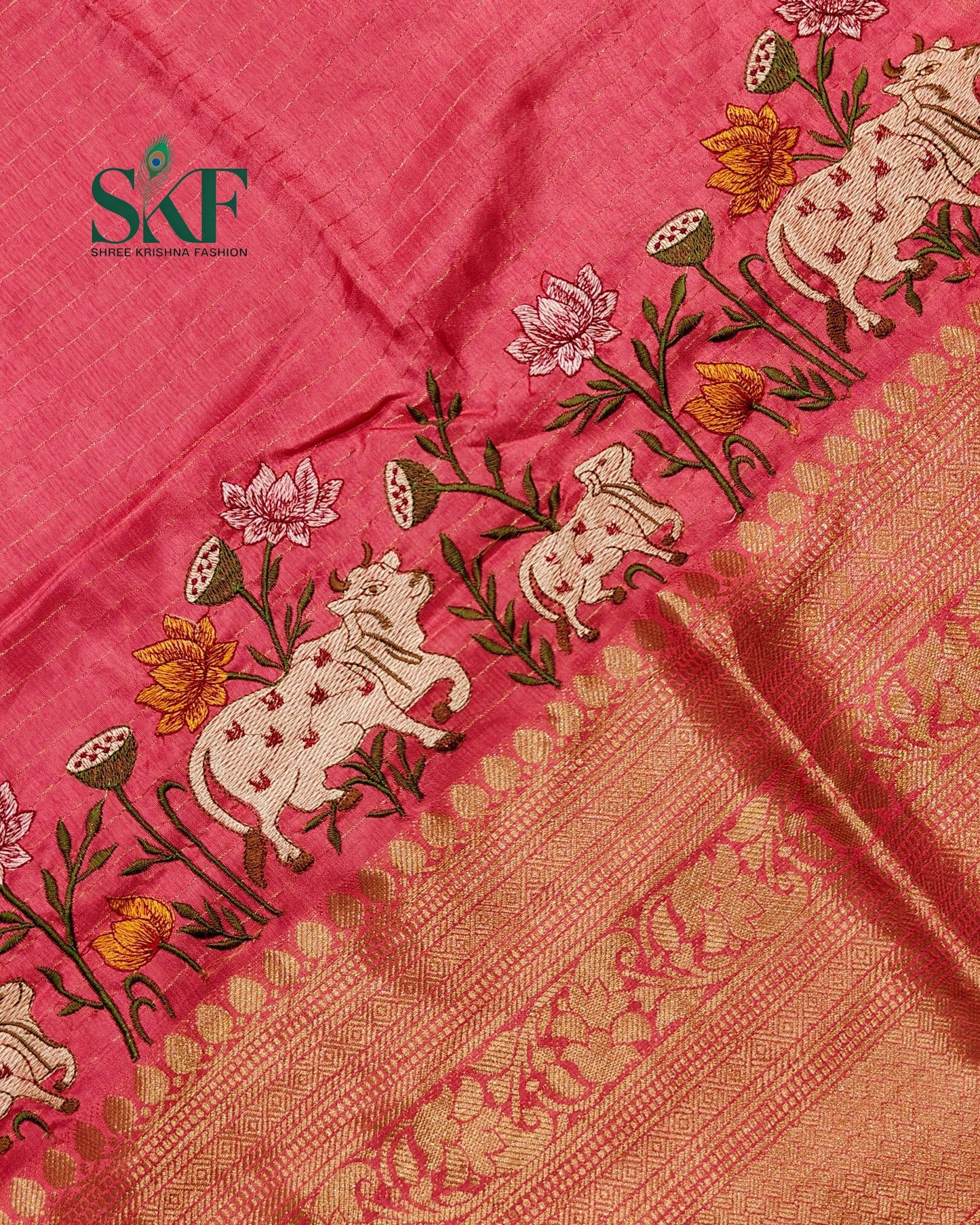 DOLA SILK MOTIF EMBROIDERY PANEL WEAVING BORDER WORK BLUSH PINK SAREE BY SKFBHOLUBHAI