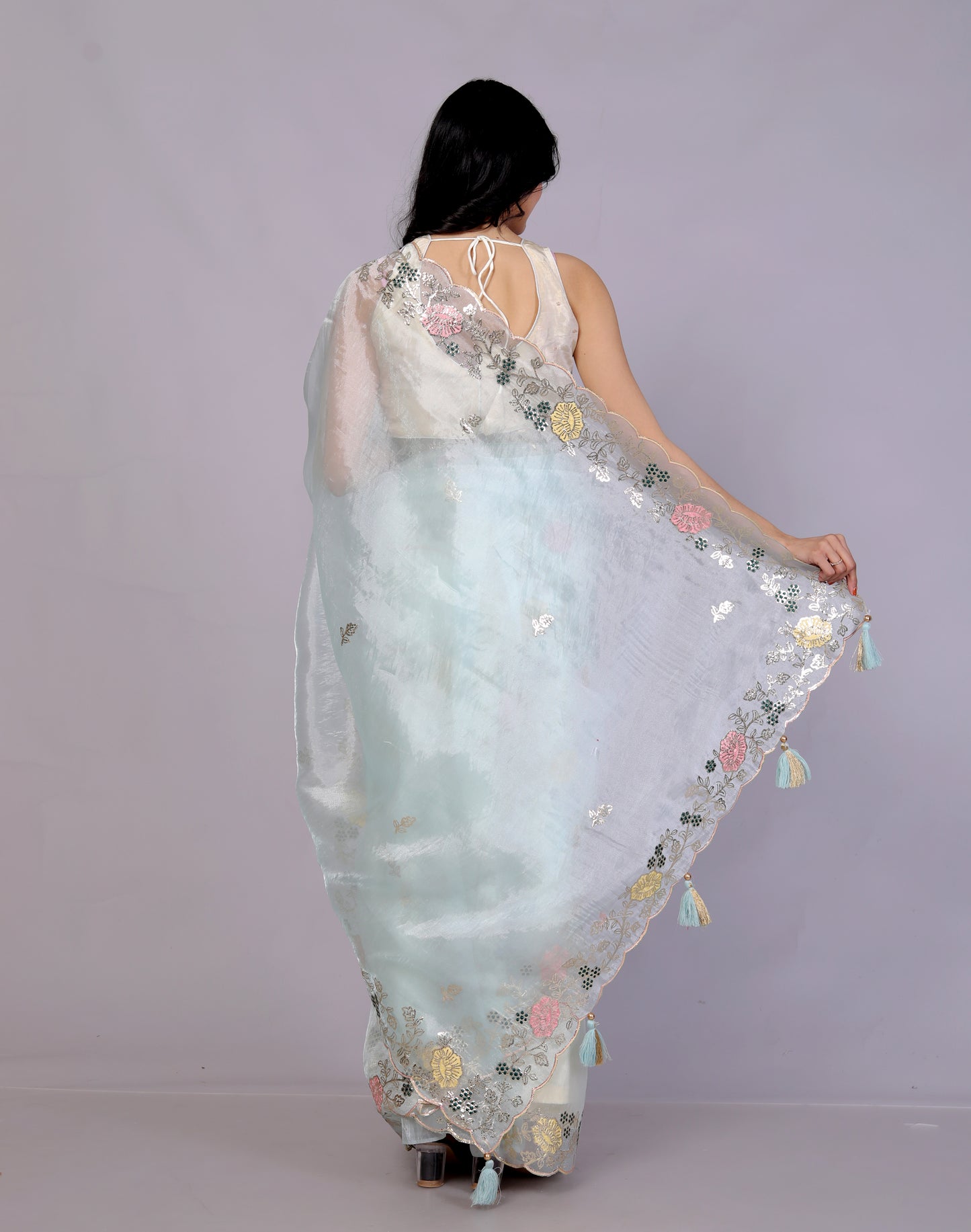 GLOSSY ORGANZA MULTI ZARI EMBROIDERY SKY BLUE SAREE BY SKFBHOLUBHAI