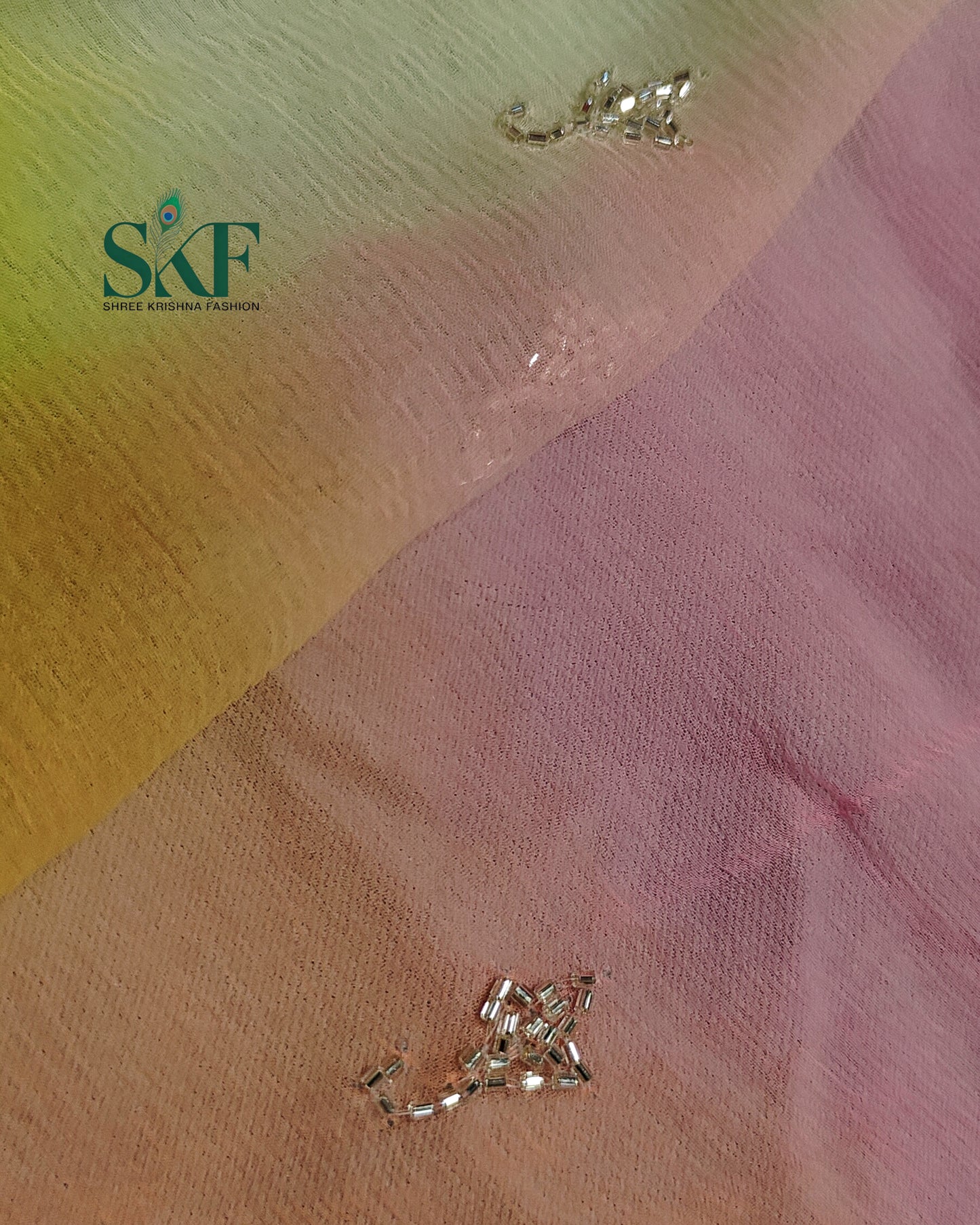CHIFFON OMBRE DYE KARDANA HANDWORK BUTTY MULTICOLOUR SAREE BY SKFBHOLUBHAI