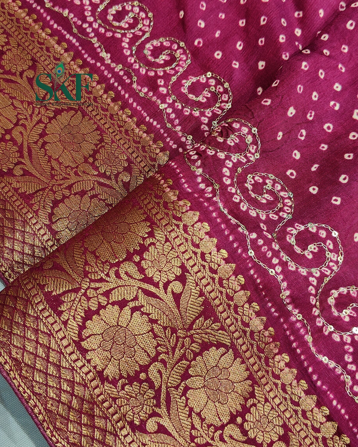 HO SILK BHANDHANI PEACOCK MOTIF AARI AND SEQUENCE WORK WINE SAREE BY SKFBHOLUBHAI