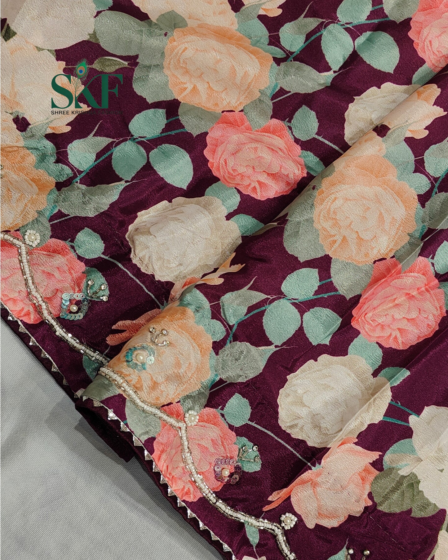CHINON FLORAL DIGITAL PRINT HANDWORK SEEGREEN SAREE BY SKFBHOLUBHAI