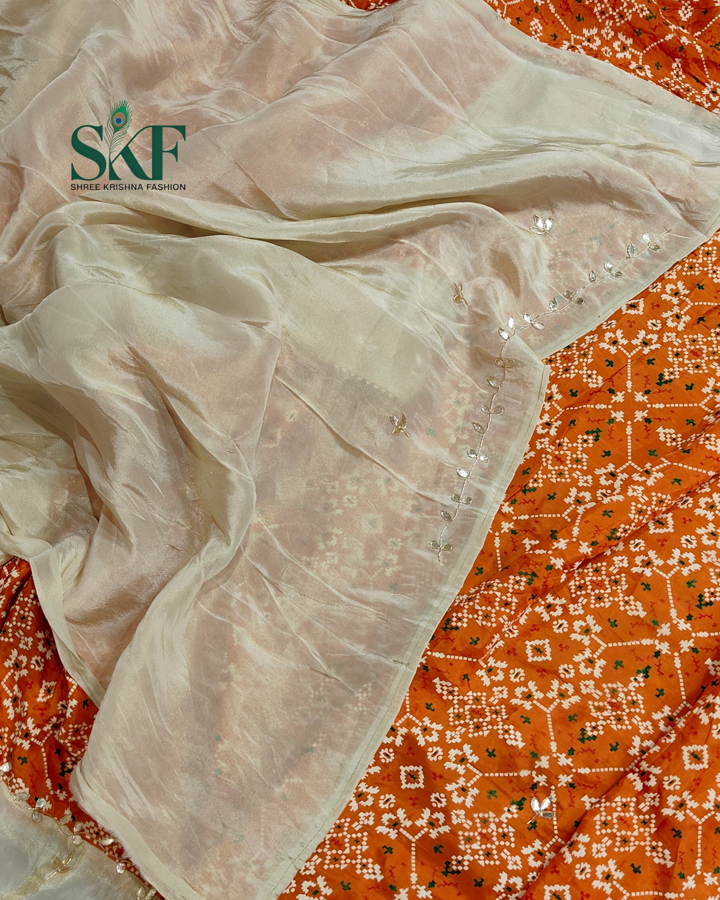 TUSSAR SILK PATOLA PRINT GOTTA HANDWORK BORDER ORANGE SAREE BY SKFBHOLUBHAI