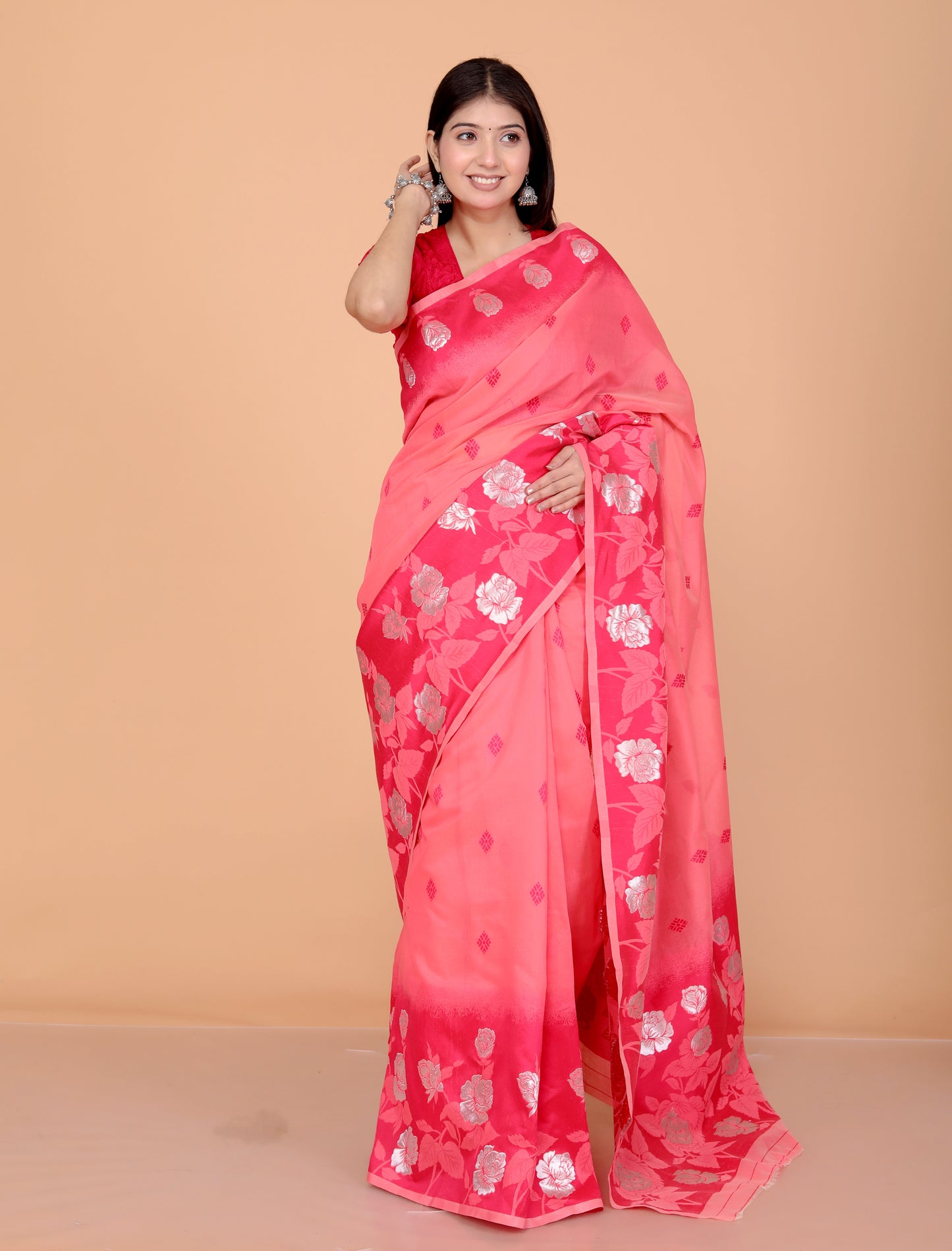 COTTON BLEND WEAVING RED PINK SAREE BY SKFBHOLUBHAI