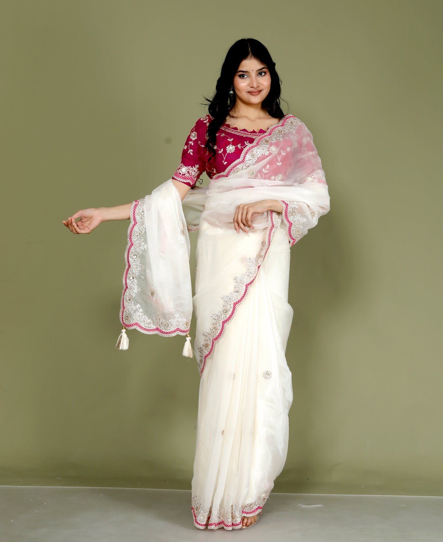 NEAT ORGANZA ZARI EMBROIDERY CUTWORK STICH BLOUSE IVORY SAREE BY SKFBHOLUBHAI