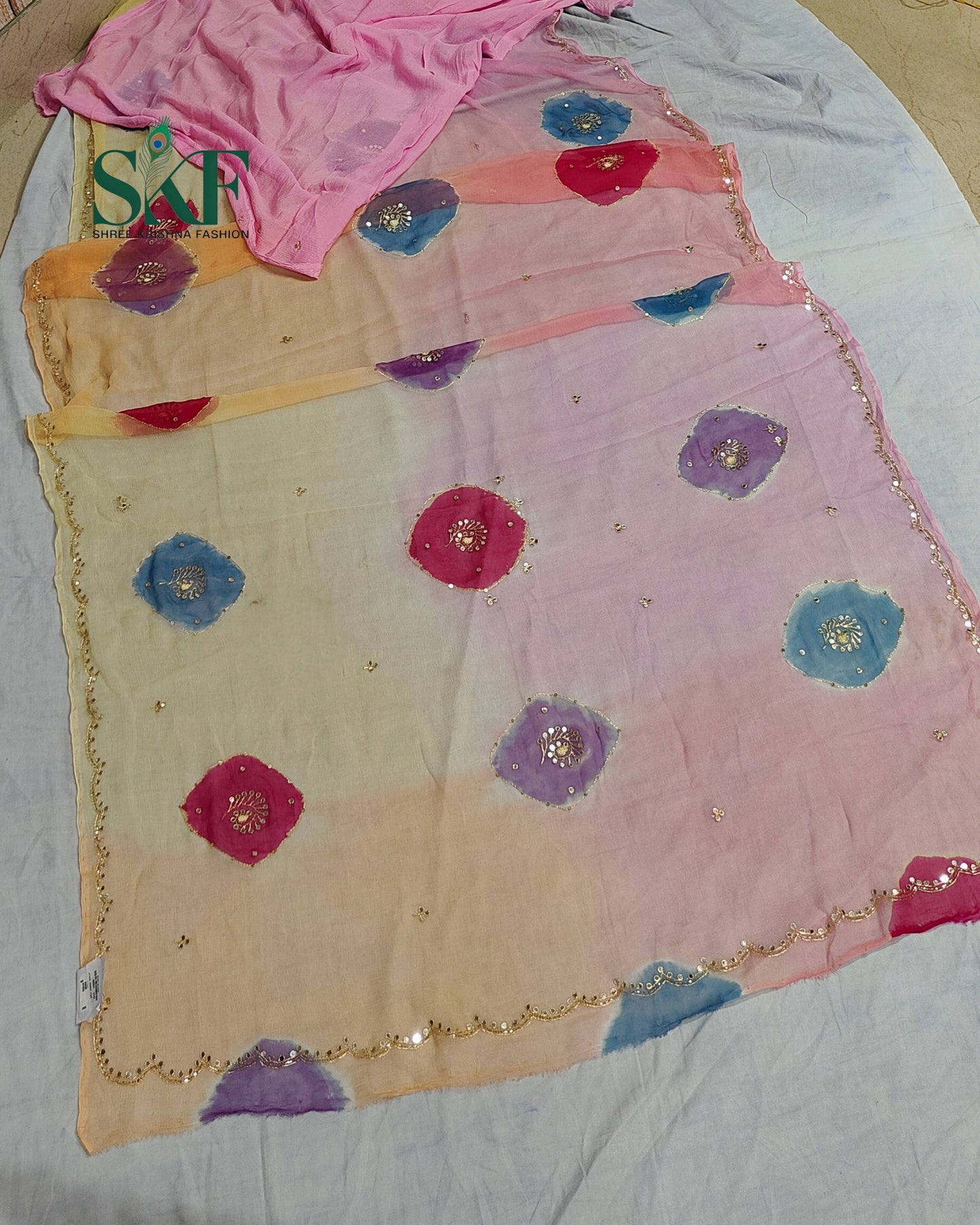CHIFFON BATIK OMBRE DYE AARI GOTTA HANDWORK BUTTY MULTICOLOUR SAREE BY SKFBHOLUBHAI
