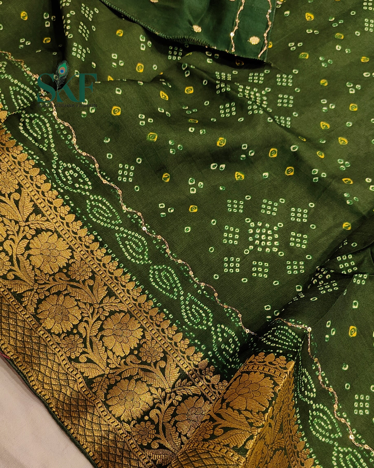 HO SILK BHANDHANI MIRROR WORK TWO TONE BOTTLE GREEN AND MEHNDI GREEN SAREE BY SKFBHOLUBHAI