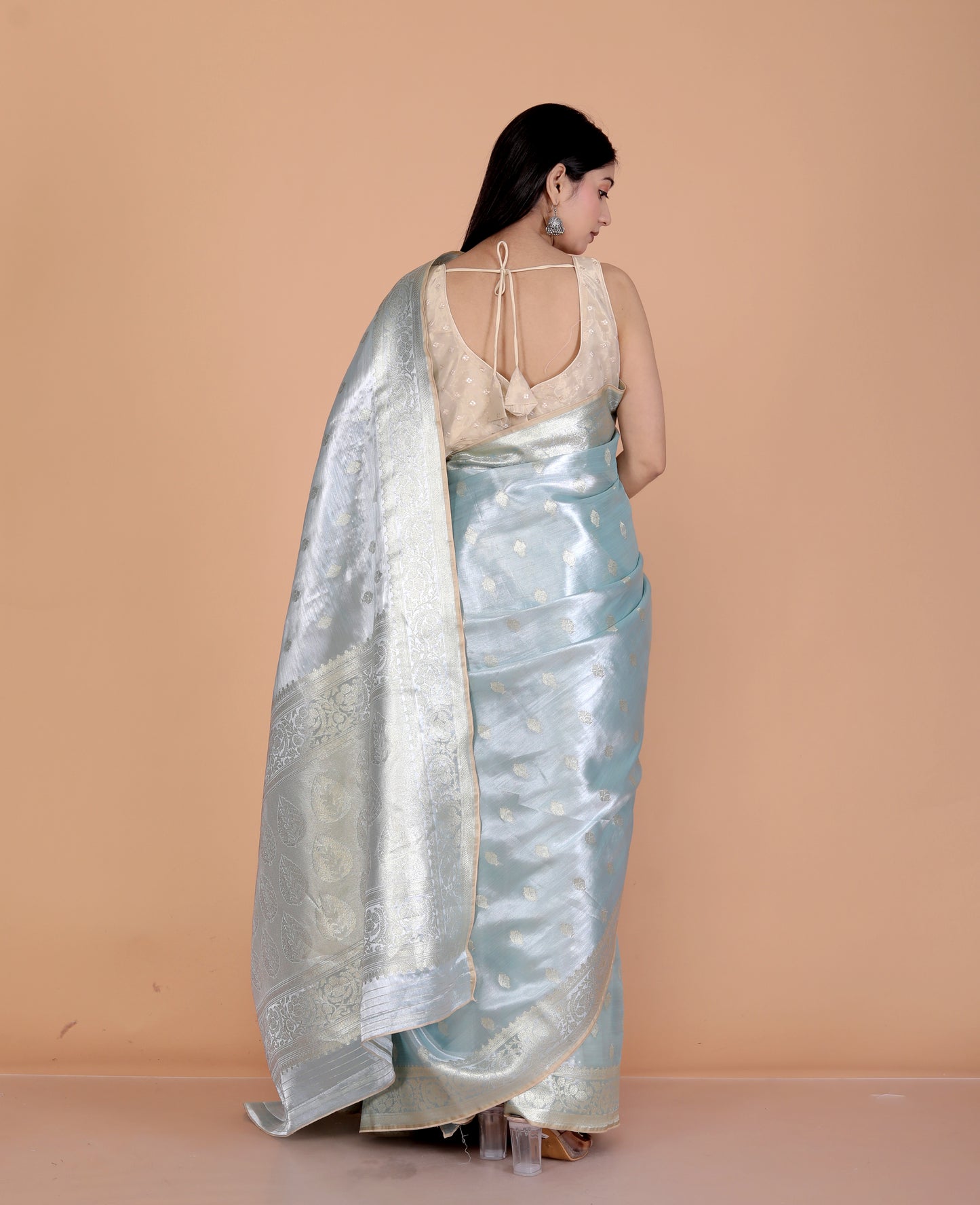 TISSUE SILK BUTTY WEAVING ICE BLUE SAREE BY SKFBHOLUBHAI