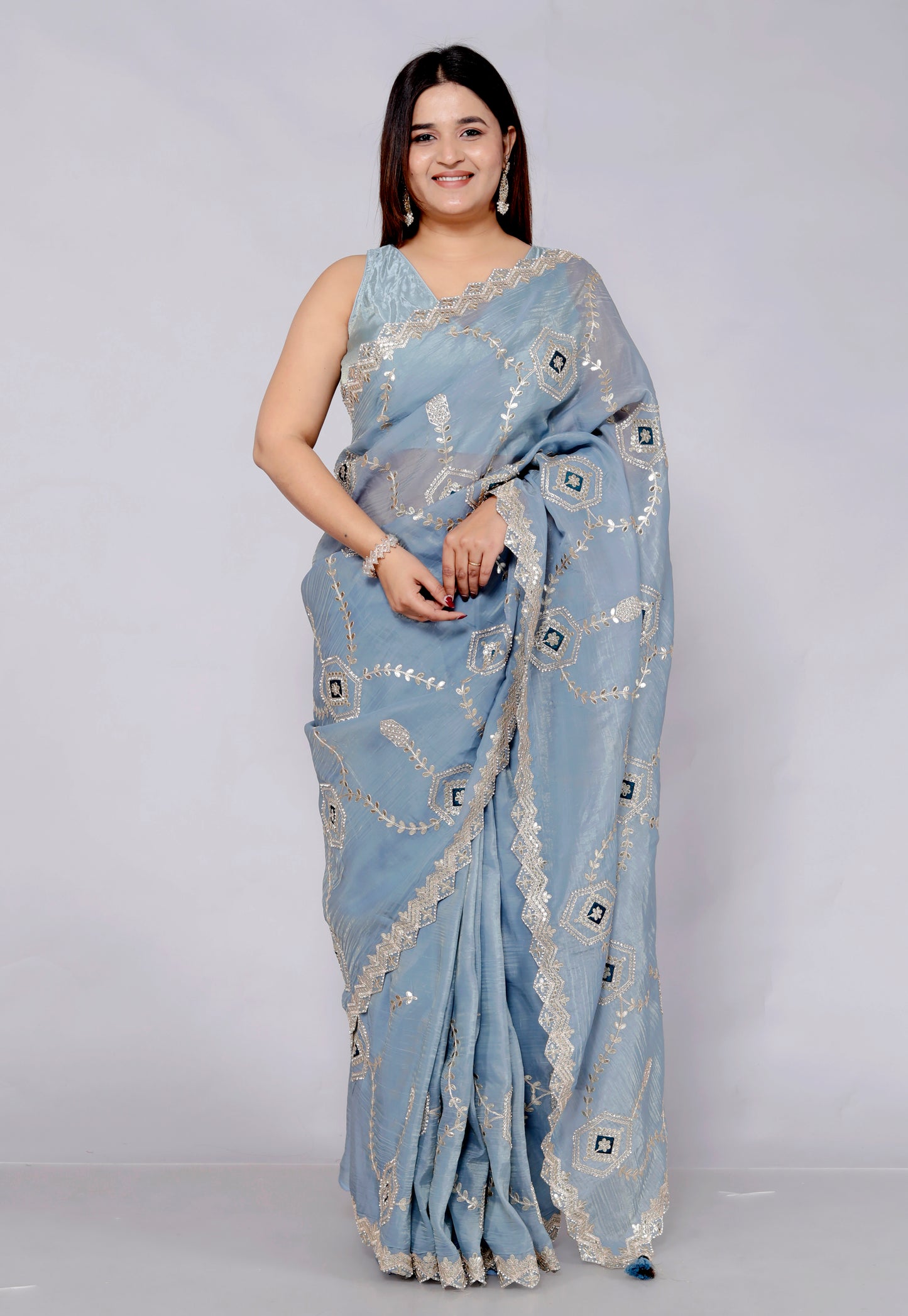 CRUSH TISSUE ZARI GOTTA EMBROIDERY JAAL ICE BLUE SAREE BY SKFBHOLUBHAI