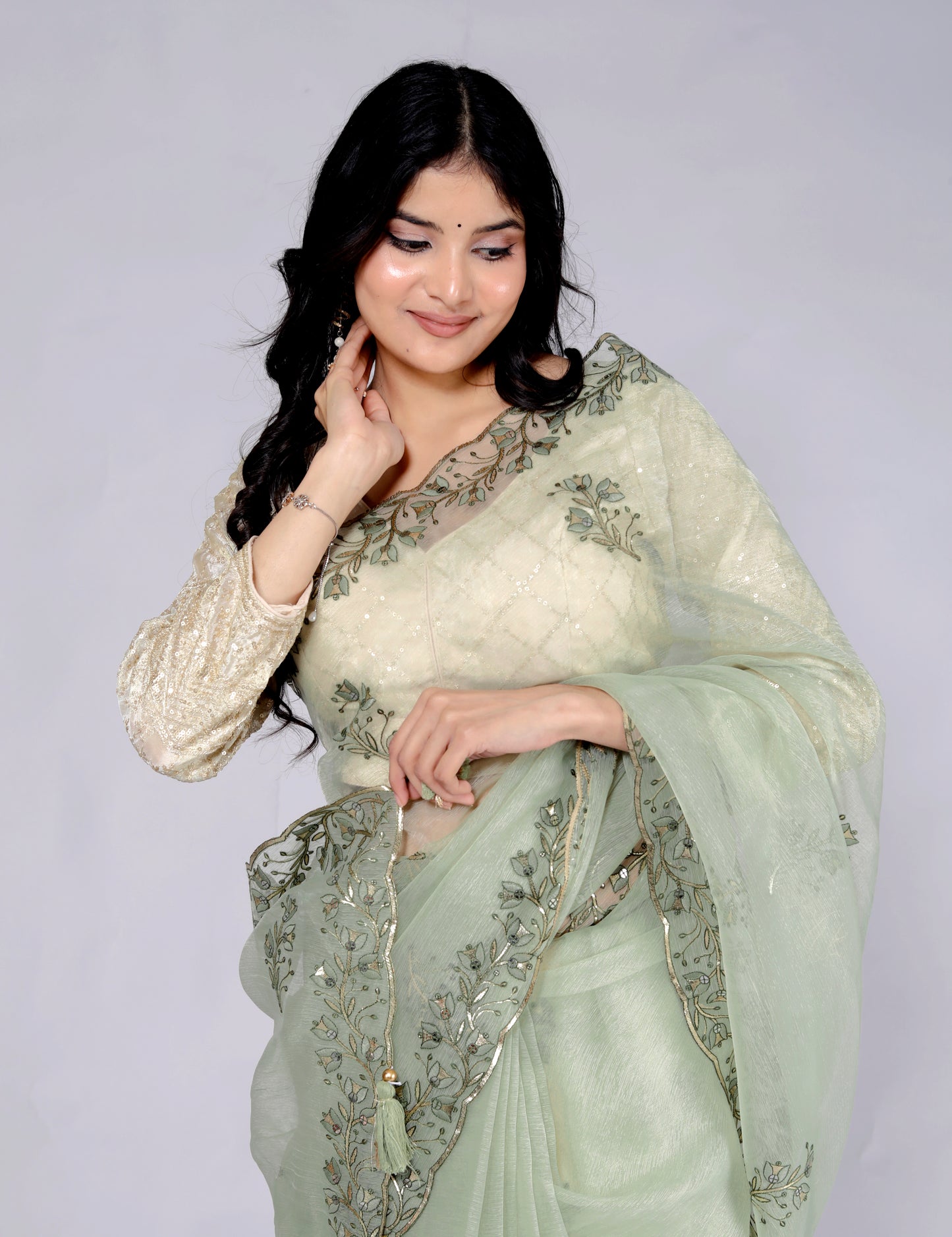 CHIFFON THREAD EMBROIDERY SAGE GREEN SAREE BY SKFBHOLUHAI